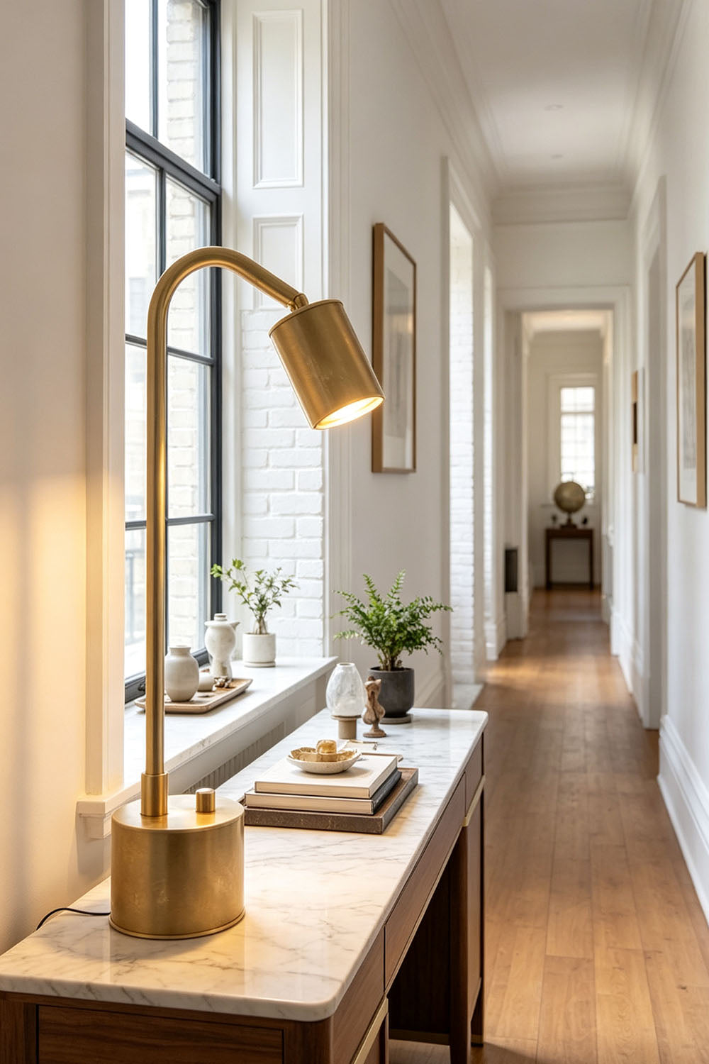 Ivor Knurled Brass Task Table Lamp | Knurled Brass and Metal | Illuminating a wooden console table in a bright hallway corridor | Samu Lamp
