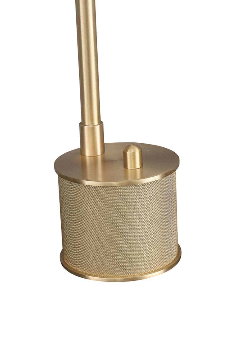 Ivor Knurled Brass Task Table Lamp | Knurled Brass and Metal | Detail view of the brushed brass base and toggle switch on a plain backdrop | Samu Lamp