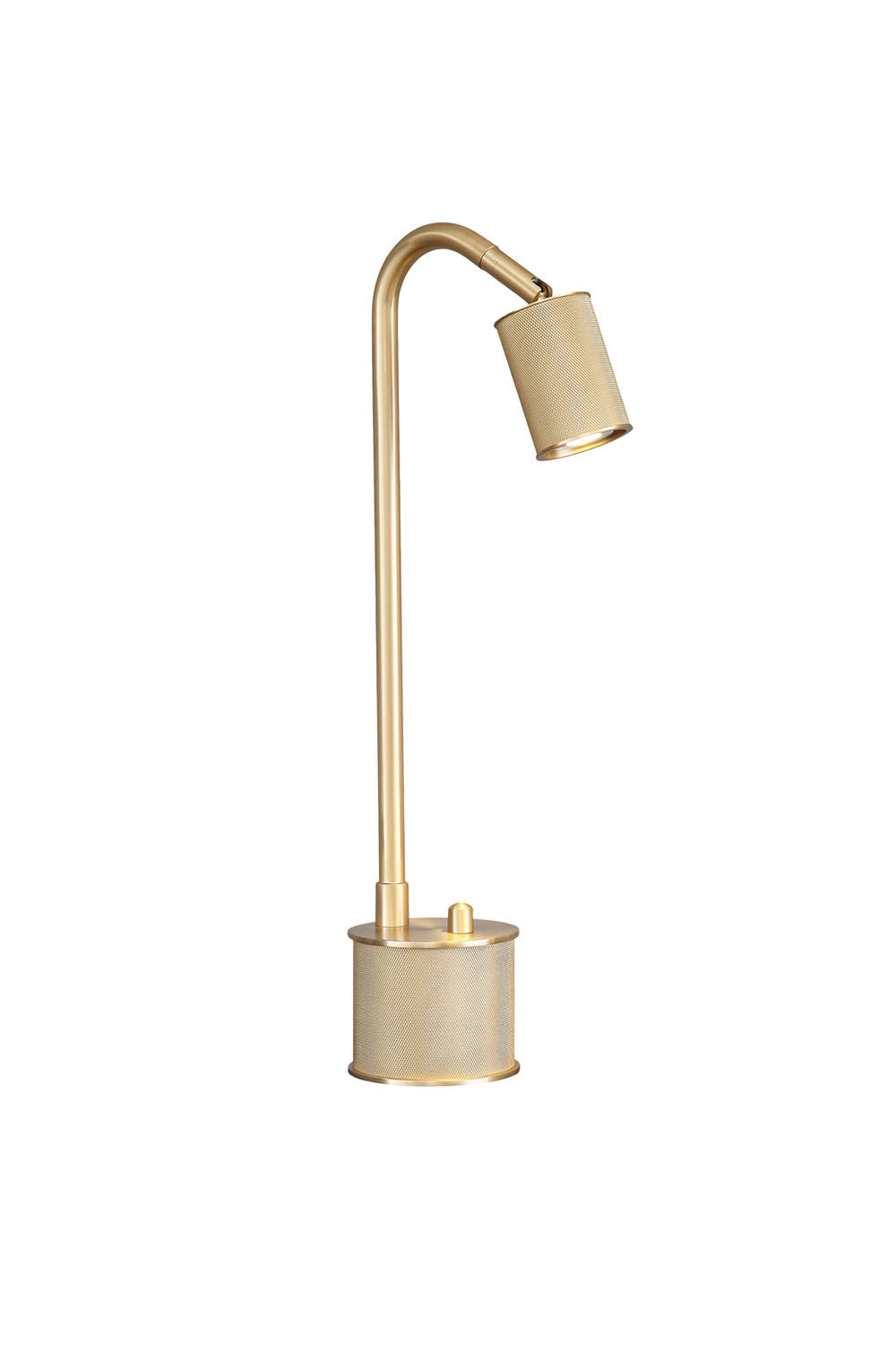 Ivor Knurled Brass Task Table Lamp | Knurled Brass and Metal | Front full view on a pure white background, illuminated | Samu Lamp