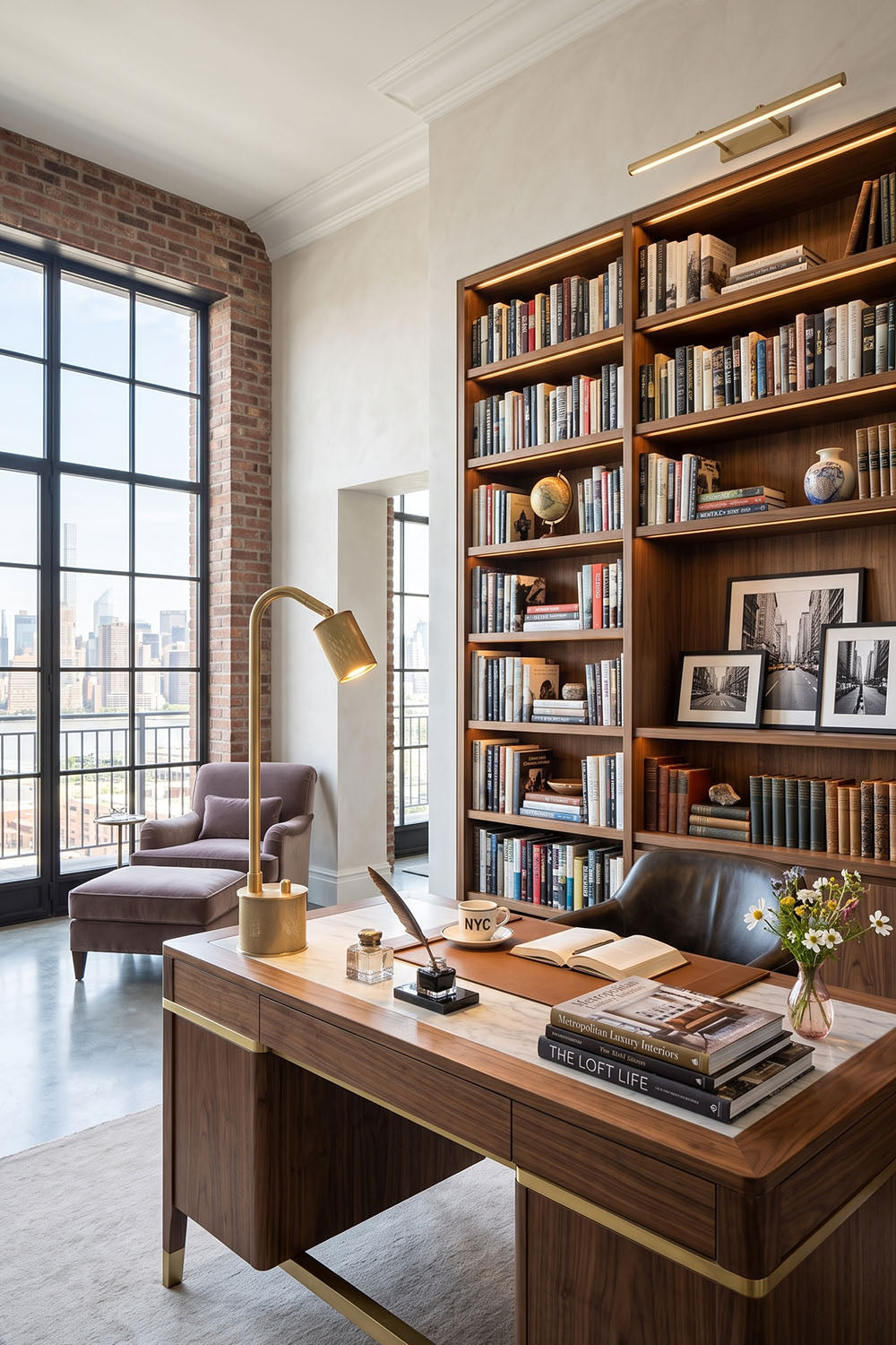 Ivor Knurled Brass Task Table Lamp | Knurled Brass and Metal | Placed on a dark wooden executive desk in a home office with tall bookshelves | Samu Lamp