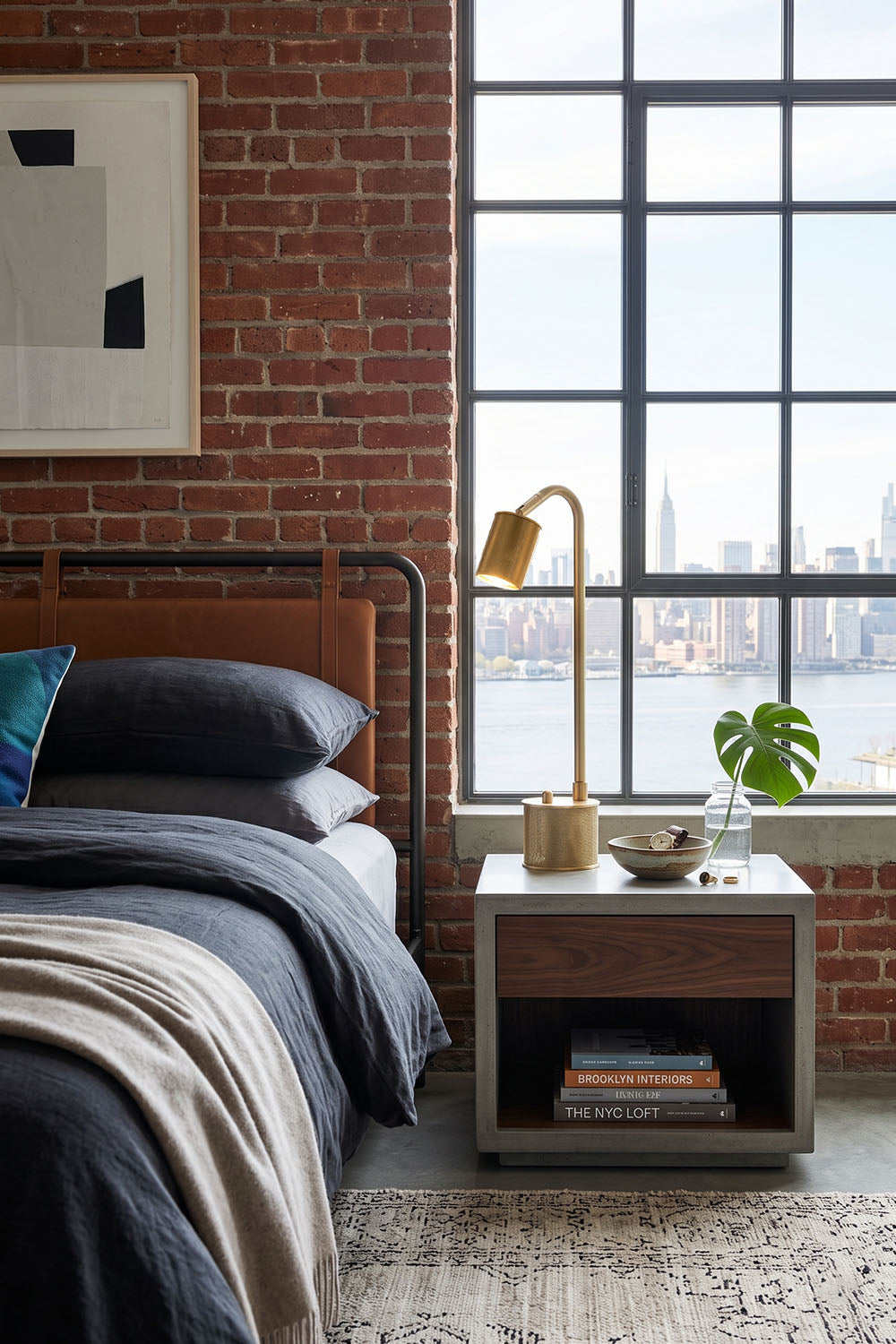 Ivor Knurled Brass Task Table Lamp | Knurled Brass and Metal | Standing on a wooden nightstand in an industrial bedroom with brick walls | Samu Lamp
