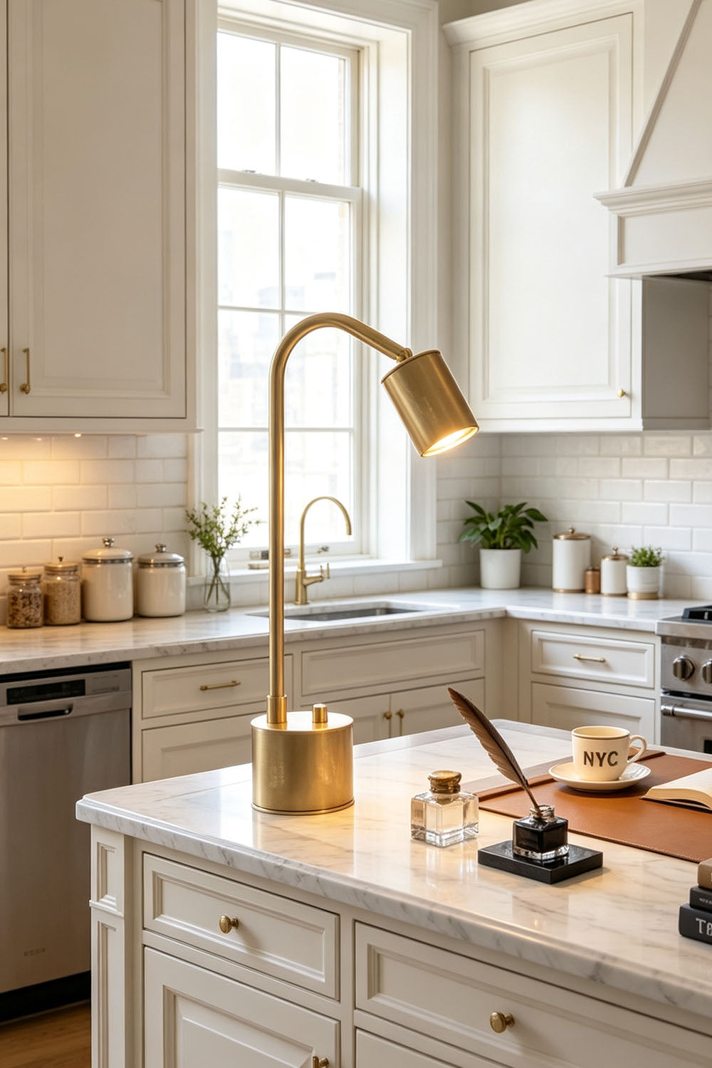 Ivor Knurled Brass Task Table Lamp | Knurled Brass and Metal | Displayed on a white marble kitchen island counter | Samu Lamp
