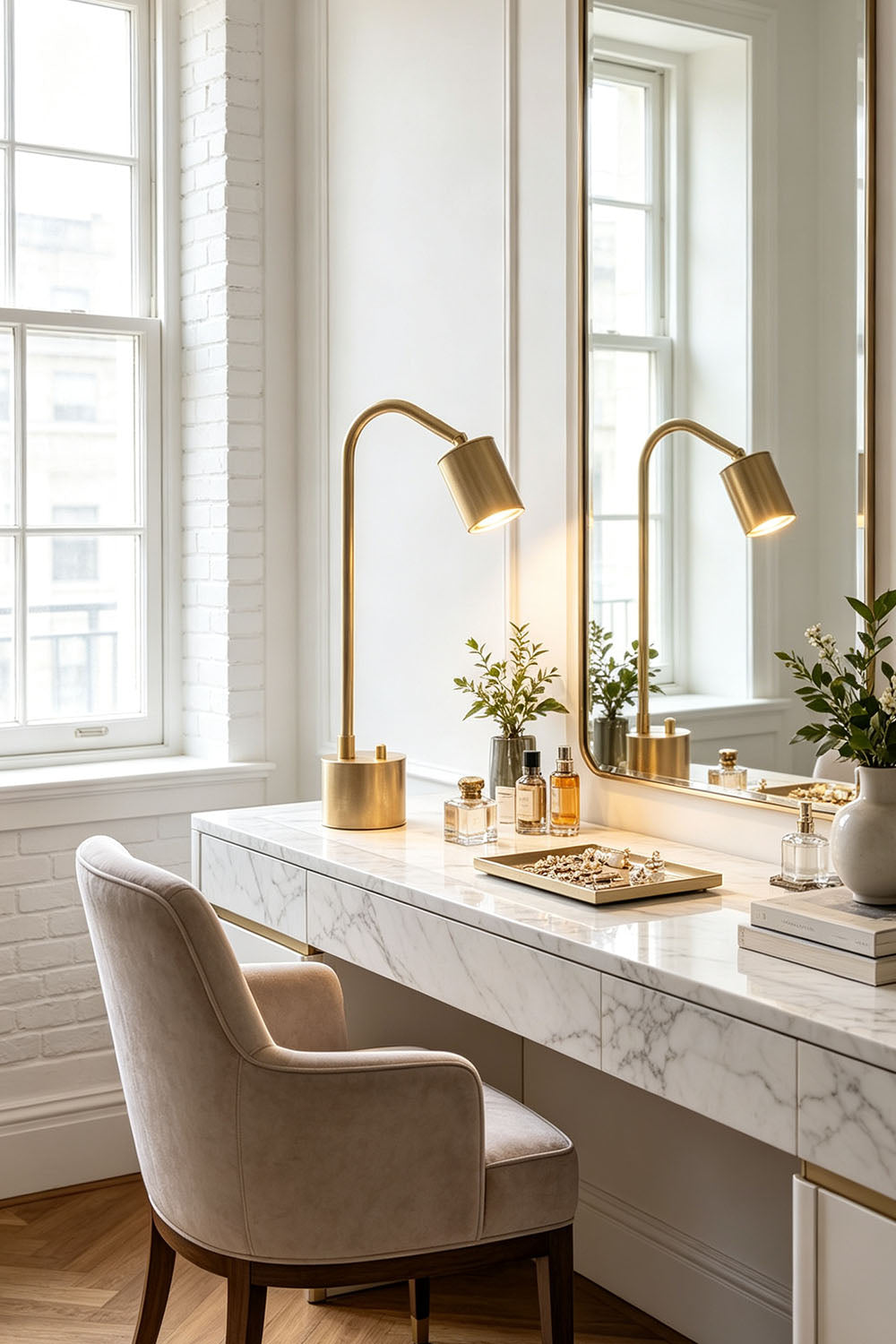 Ivor Knurled Brass Task Table Lamp | Knurled Brass and Metal | Styled on a marble vanity dressing table beside a large mirror | Samu Lamp