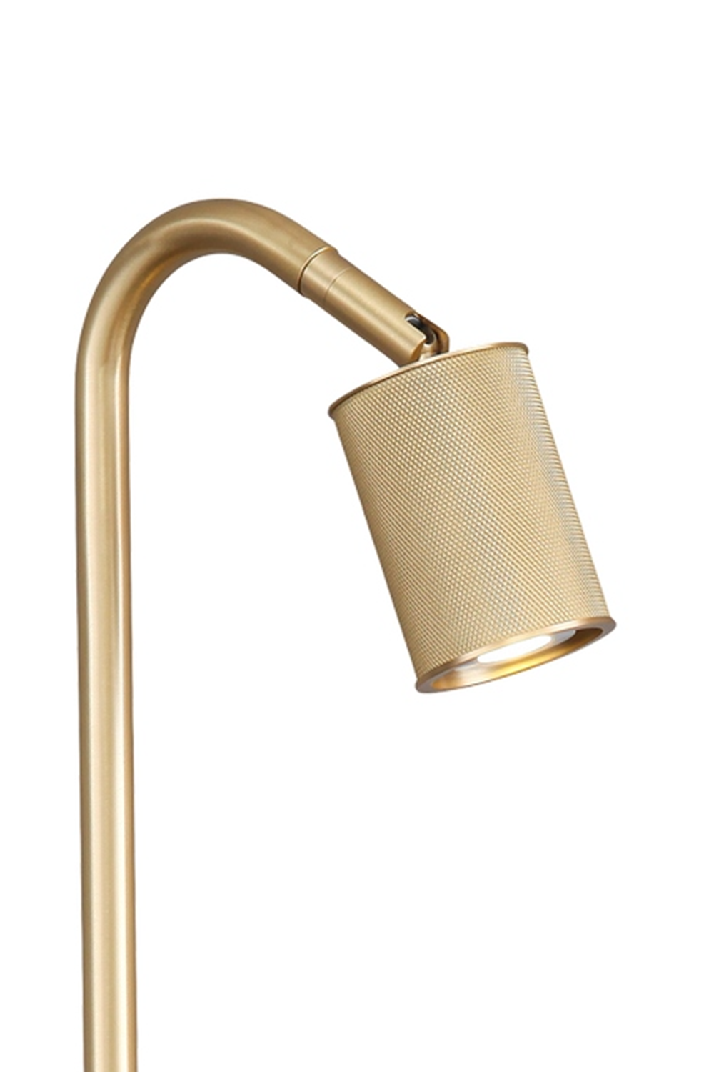 Ivor Knurled Brass Task Table Lamp | Knurled Brass and Metal | Close-up shot showing the curved gooseneck arm and adjustable shade head | Samu Lamp