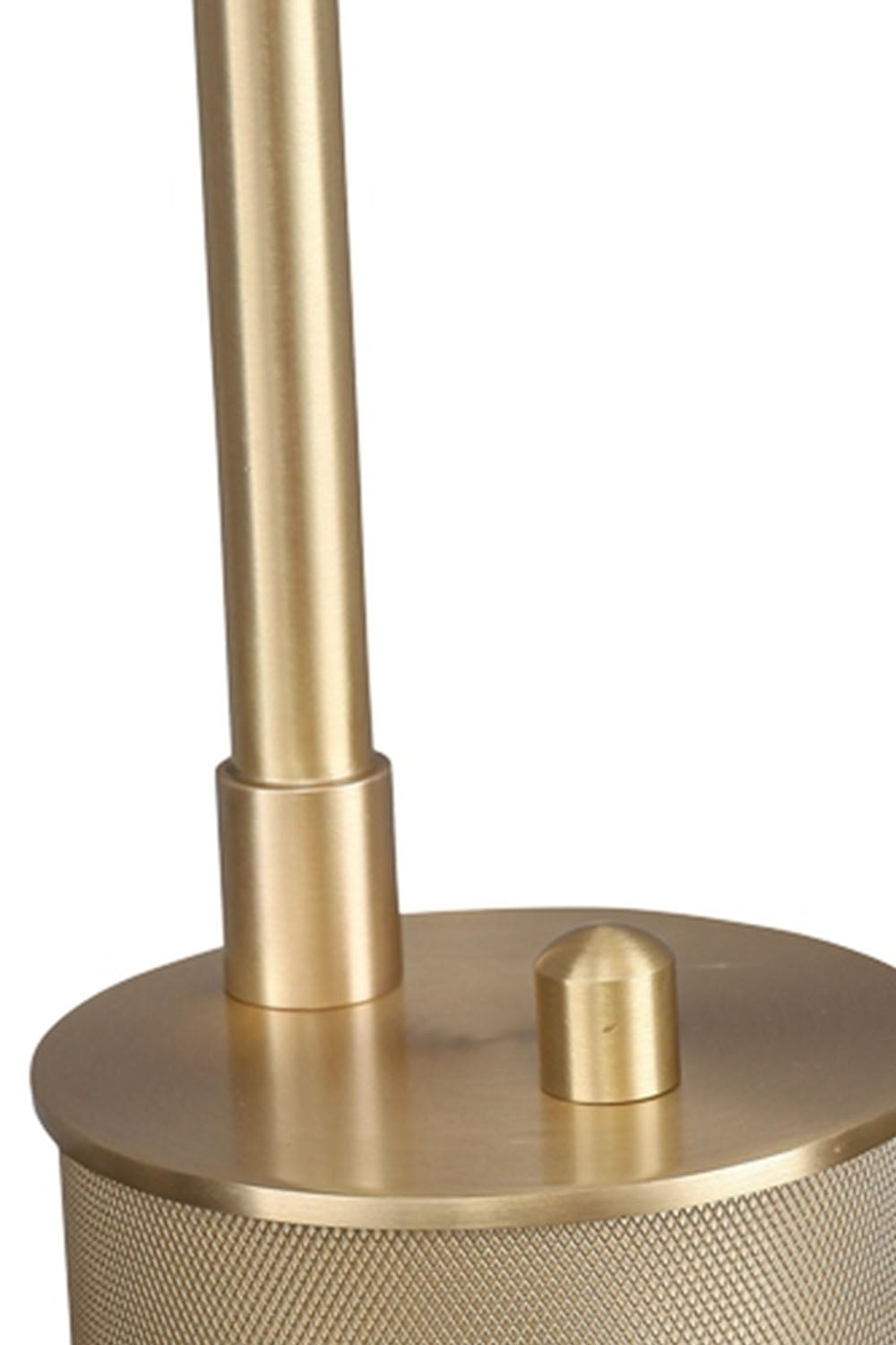 Ivor Knurled Brass Task Table Lamp | Knurled Brass and Metal | Close-up detail of the brass stem attachment to the base and switch | Samu Lamp