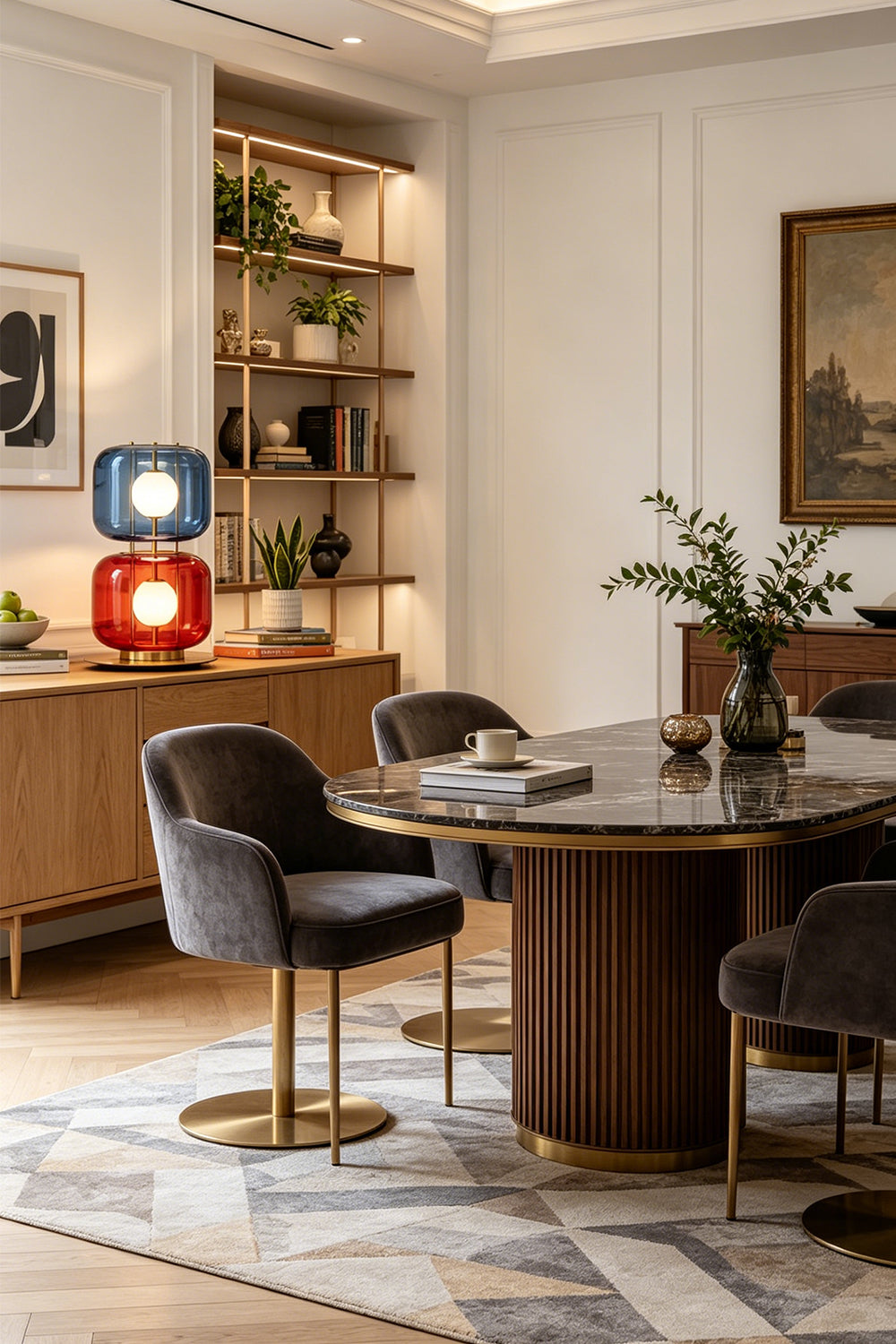 Jasper Colorblock Table Lamp | Glass, Metal | Stacked blue and red glass lamp sitting on a wooden sideboard credenza, casting a vibrant glow in a sophisticated dining room with a marble table | Samu Lamp