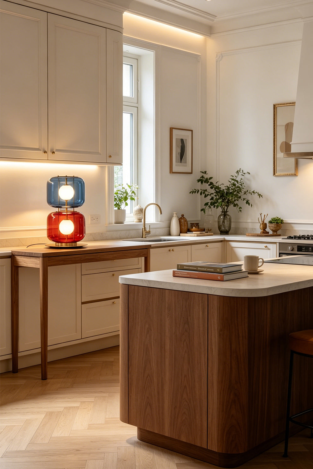 Jasper Colorblock Table Lamp | Glass, Metal | Stacked blue and red glass lamp sitting on a wooden sideboard credenza, casting a vibrant glow in a sophisticated dining room with a marble table | Samu Lamp