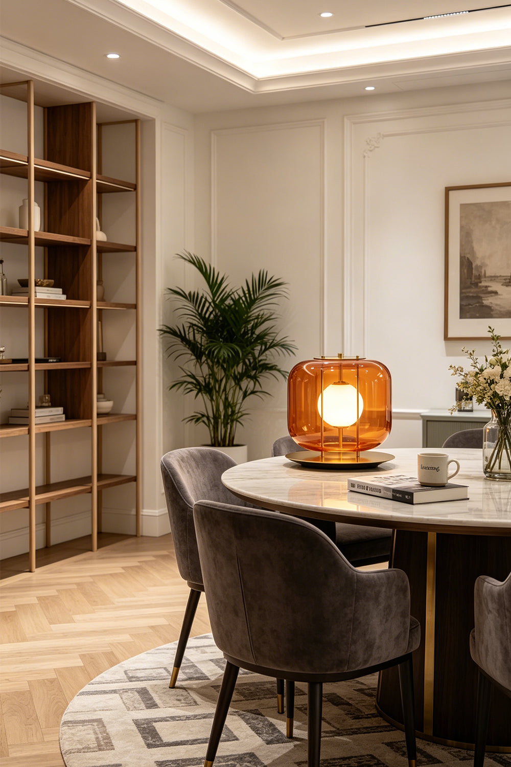 Jasper Colorblock Table Lamp | Glass, Metal | Amber orange single-tier variant providing cozy ambient light on a dark round dining table next to library shelving in a contemporary space | Samu Lamp