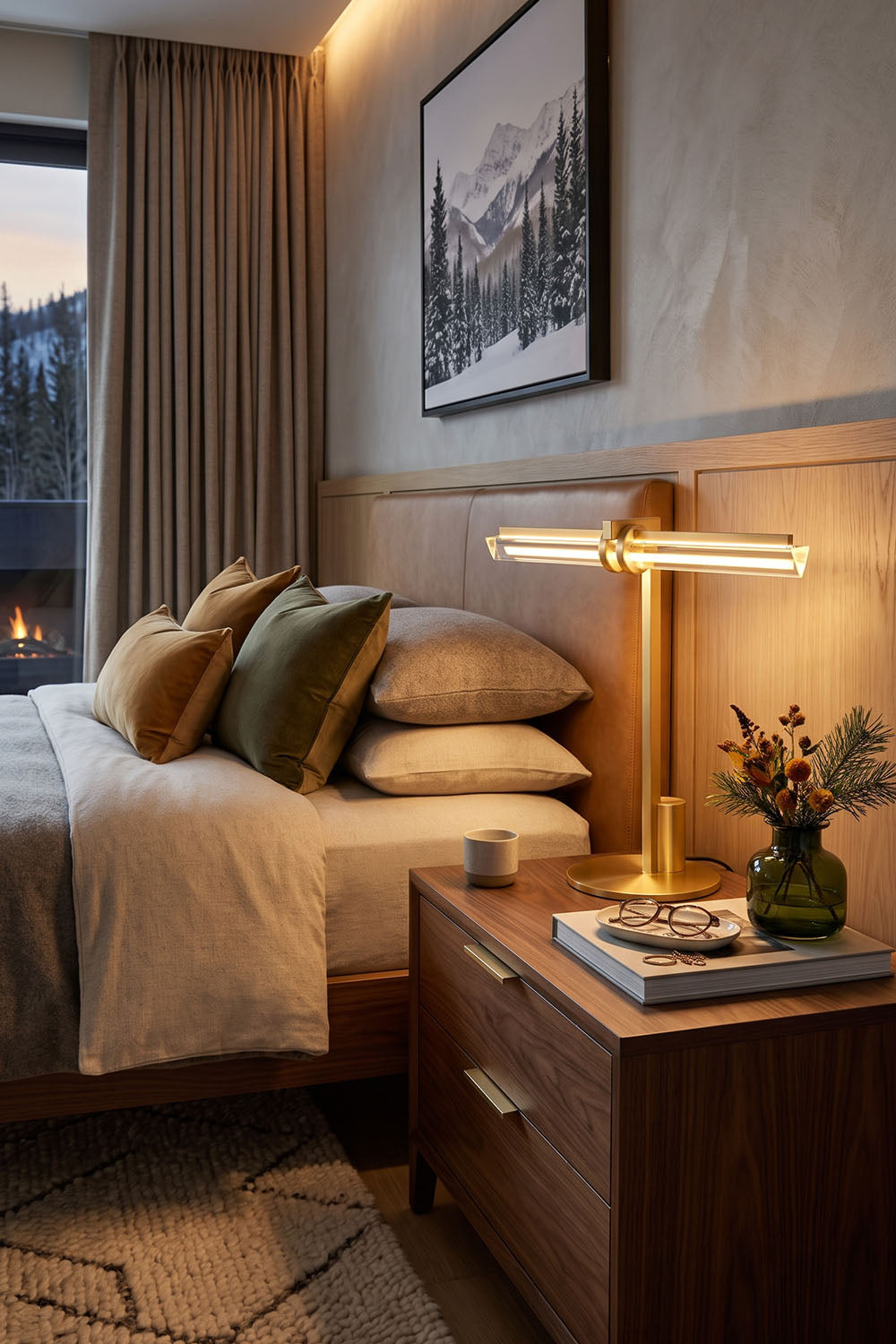 Jonquelle Table Lamp | Brass and Glass Rods | Bedside nightstand reading lamp in a warm cozy bedroom | Samu Lamp