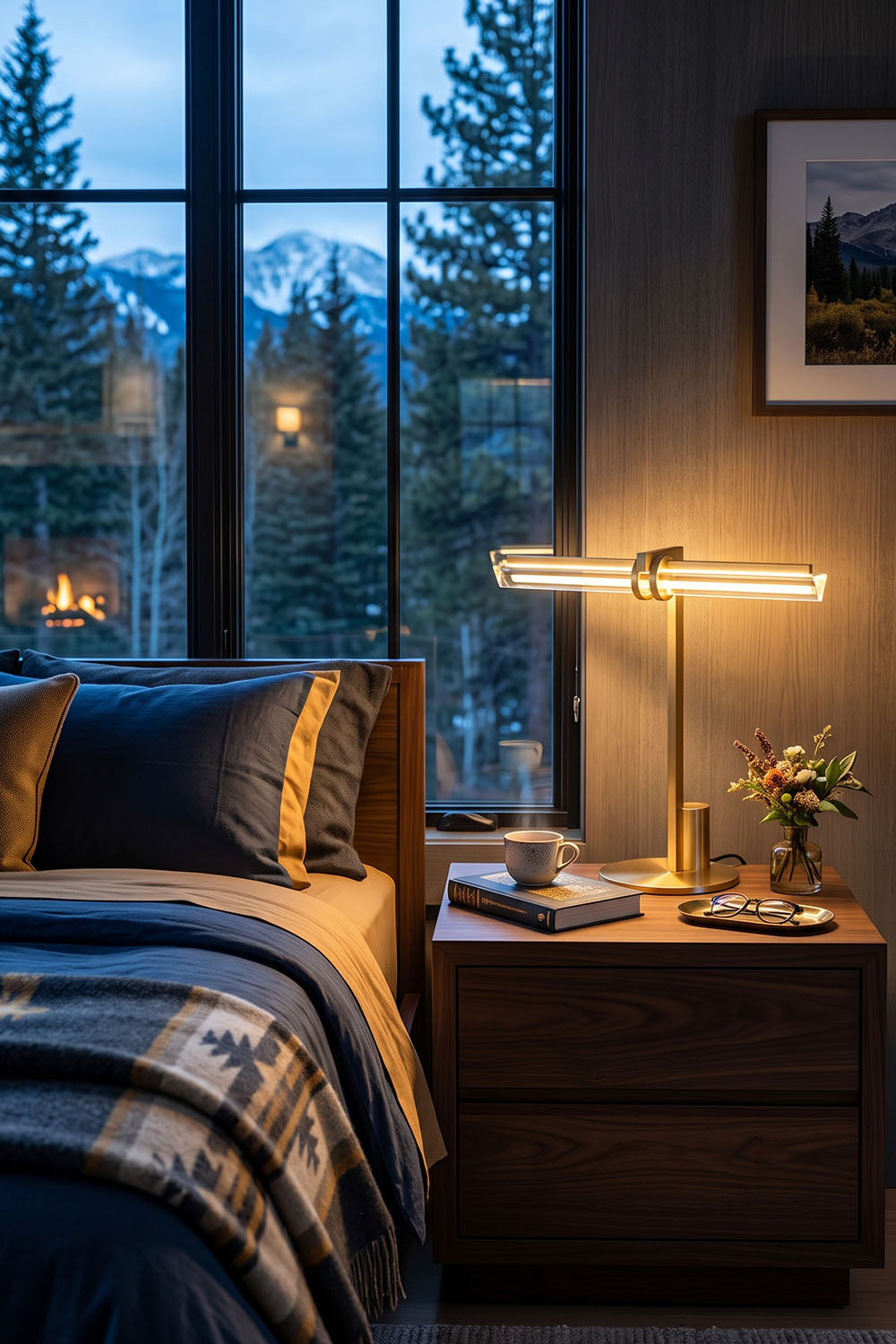 Jonquelle Table Lamp | Brass and Glass Rods | Illuminated on dark nightstand in an evening bedroom nook | Samu Lamp