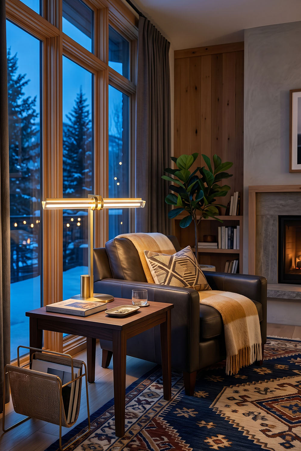 Jonquelle Table Lamp | Brass and Glass Rods | Lit on wooden side table in a mountain-view reading nook | Samu Lamp