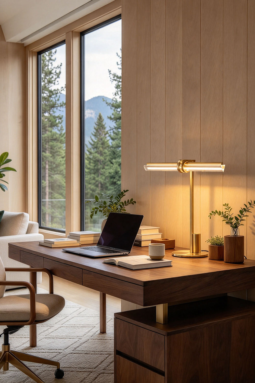 Jonquelle Table Lamp | Brass and Glass Rods | Desk task lighting beside laptop in modern home office | Samu Lamp