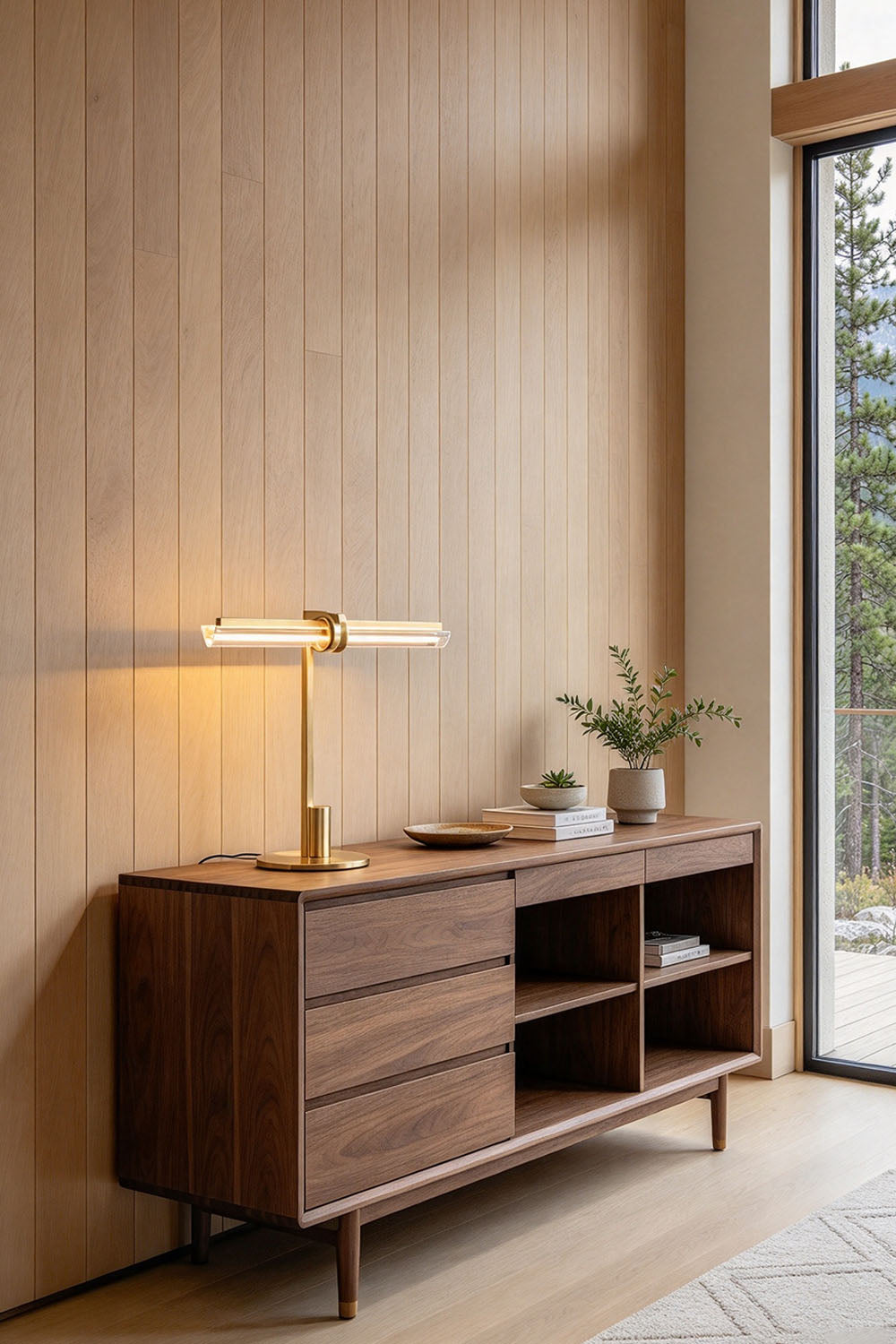 Jonquelle Table Lamp | Brass and Glass Rods | Accent lamp illuminated on mid-century wooden credenza | Samu Lamp