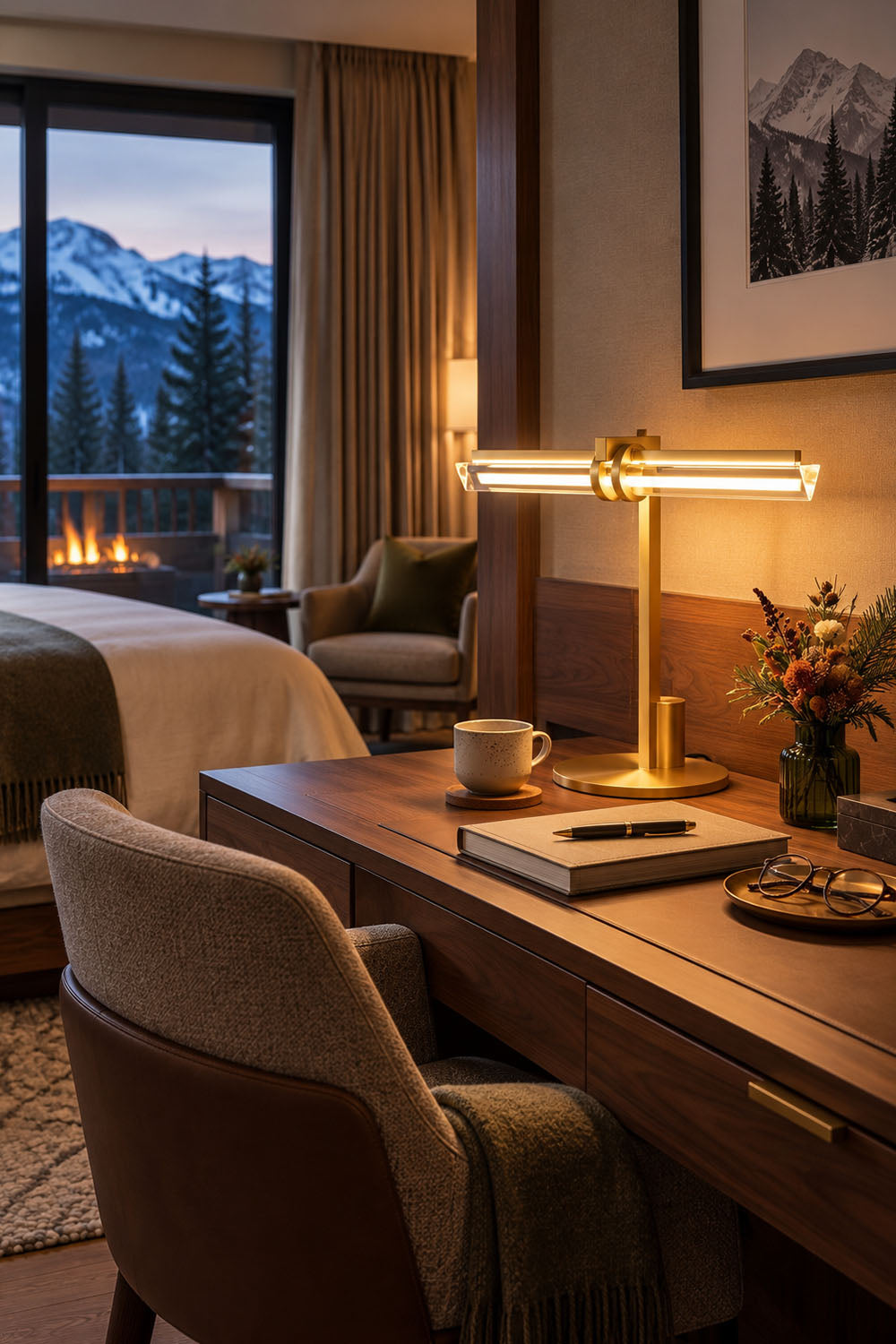 Jonquelle Table Lamp | Brass and Glass Rods | Task lamp on wooden desk facing scenic mountain window | Samu Lamp