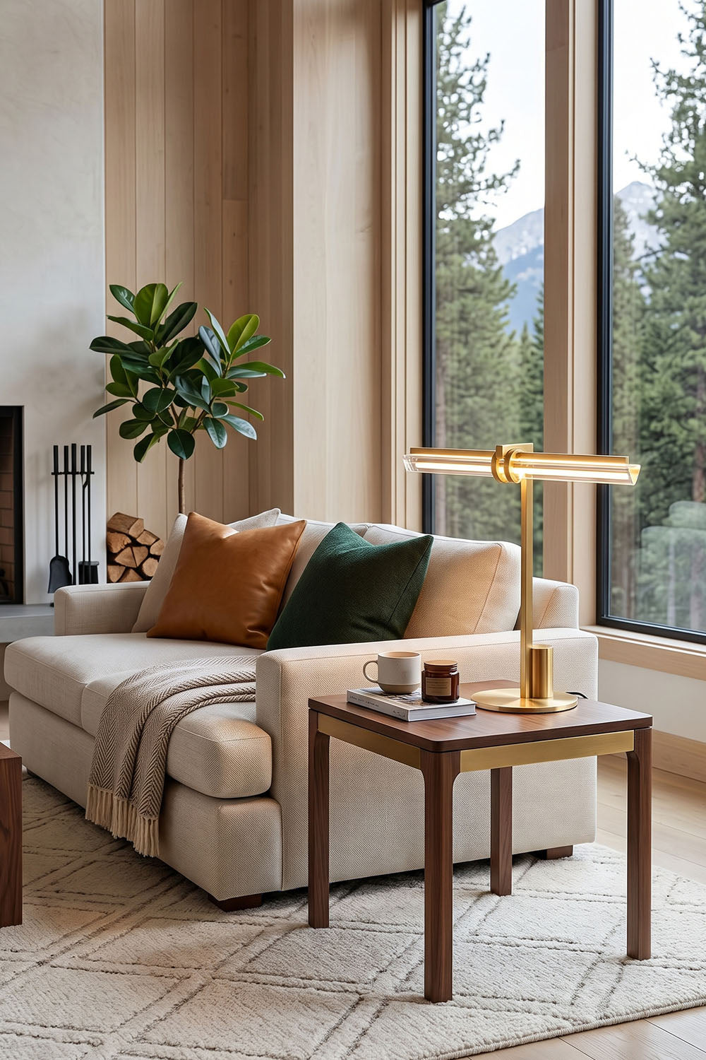 Jonquelle Table Lamp | Brass and Glass Rods | Lit on wooden end table beside neutral sofa in living room | Samu Lamp