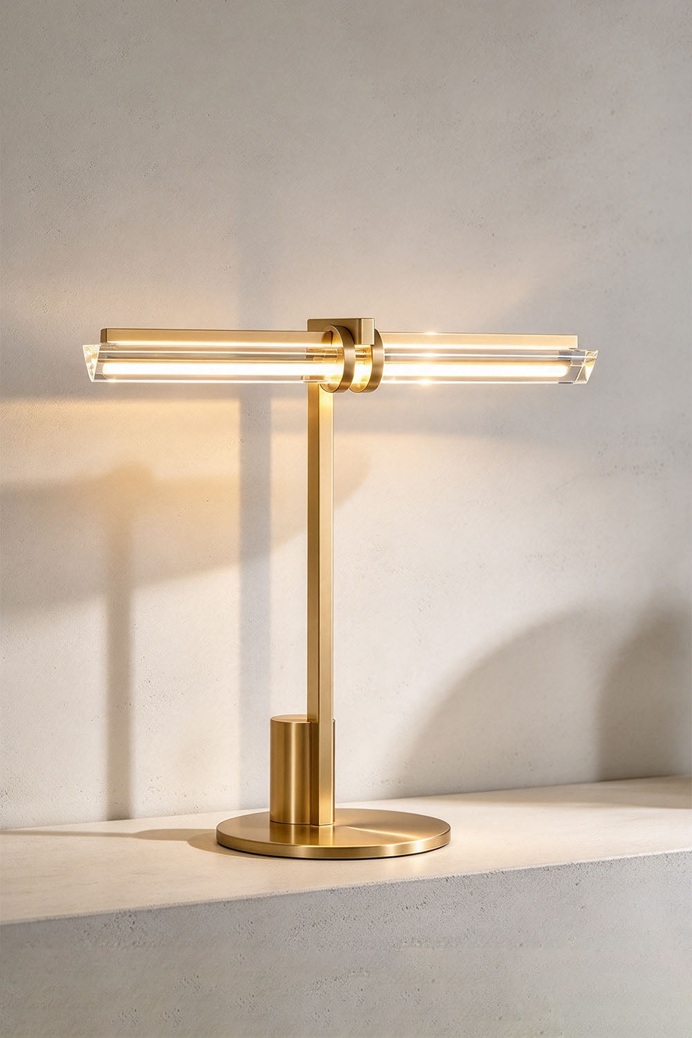 Jonquelle Table Lamp | Brass and Glass Rods | Illuminated on neutral ledge casting warm architectural glow | Samu Lamp