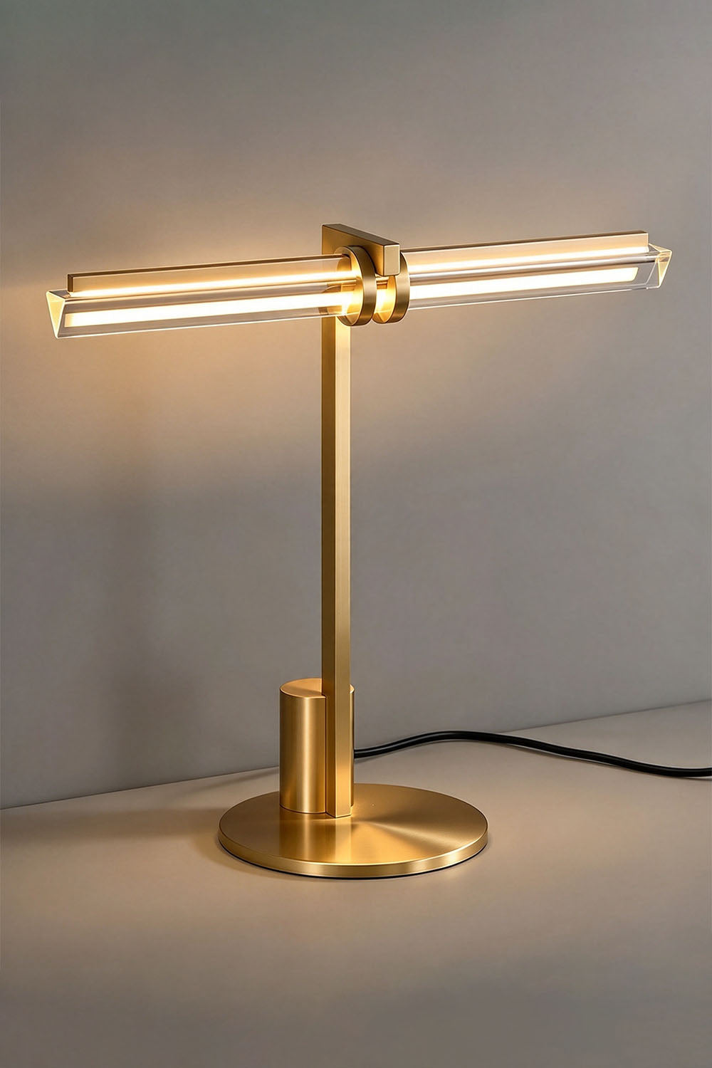 Jonquelle Table Lamp | Brass and Glass Rods | Front illuminated view on grey desk with warm linear glow | Samu Lamp