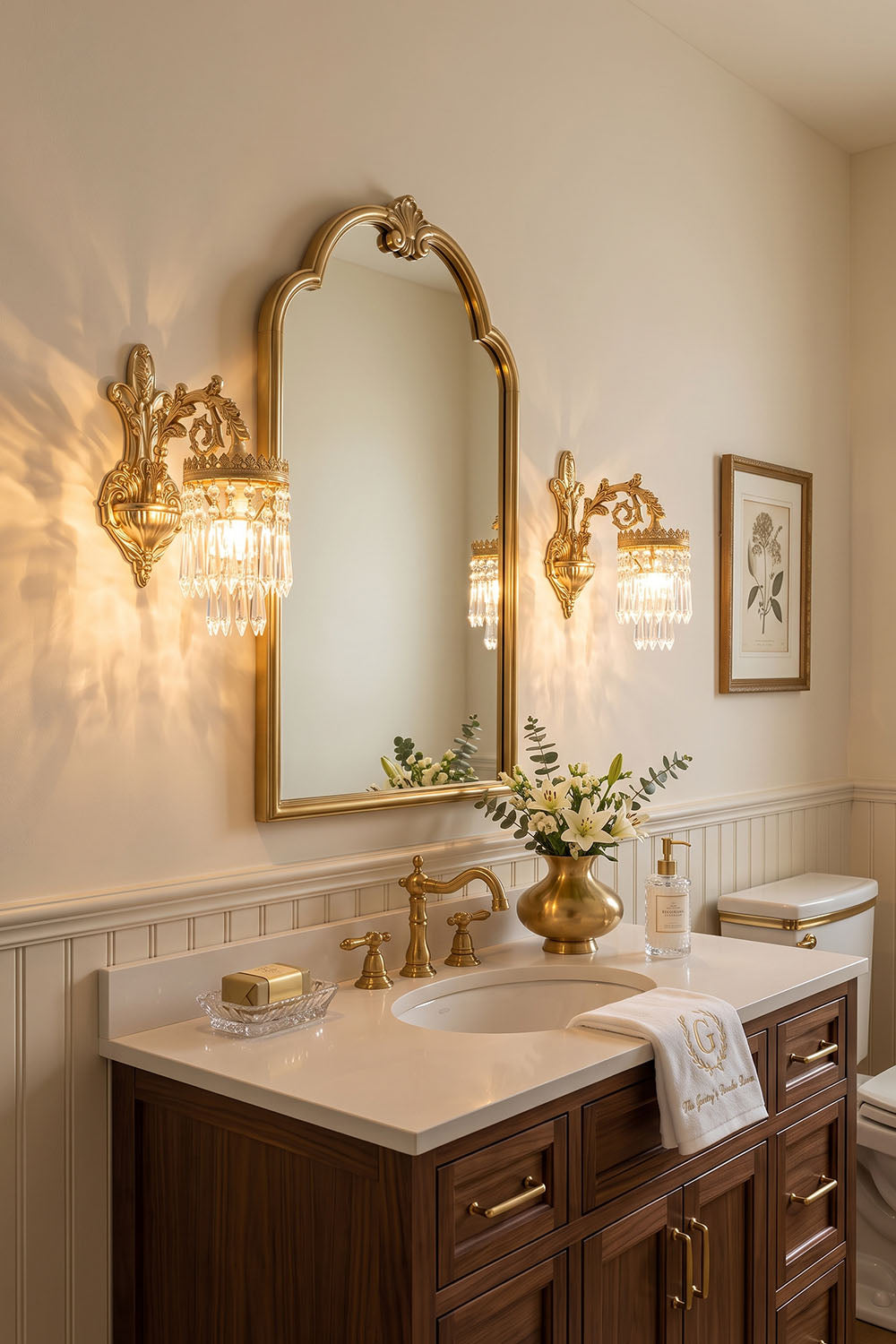 Josseline Brass Crystal Crown Wall Lamp | Cut Crystal and Brass | Pair of wall sconces flanking an arched mirror in a luxury bathroom vanity area | Samu Lamp