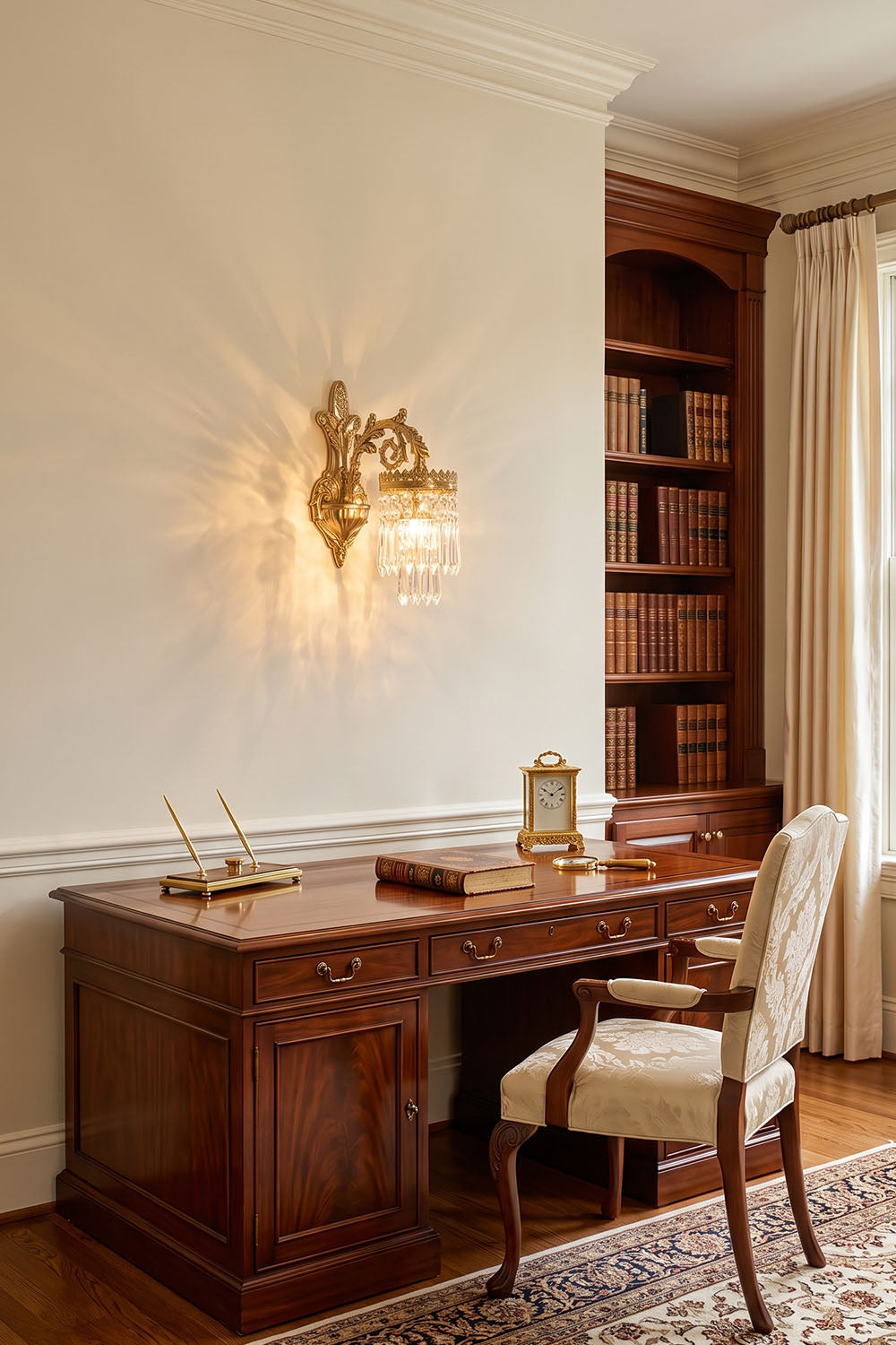 Josseline Brass Crystal Crown Wall Lamp | Cut Crystal and Brass | Styled in a home office study next to a wooden desk and bookshelf | Samu Lamp