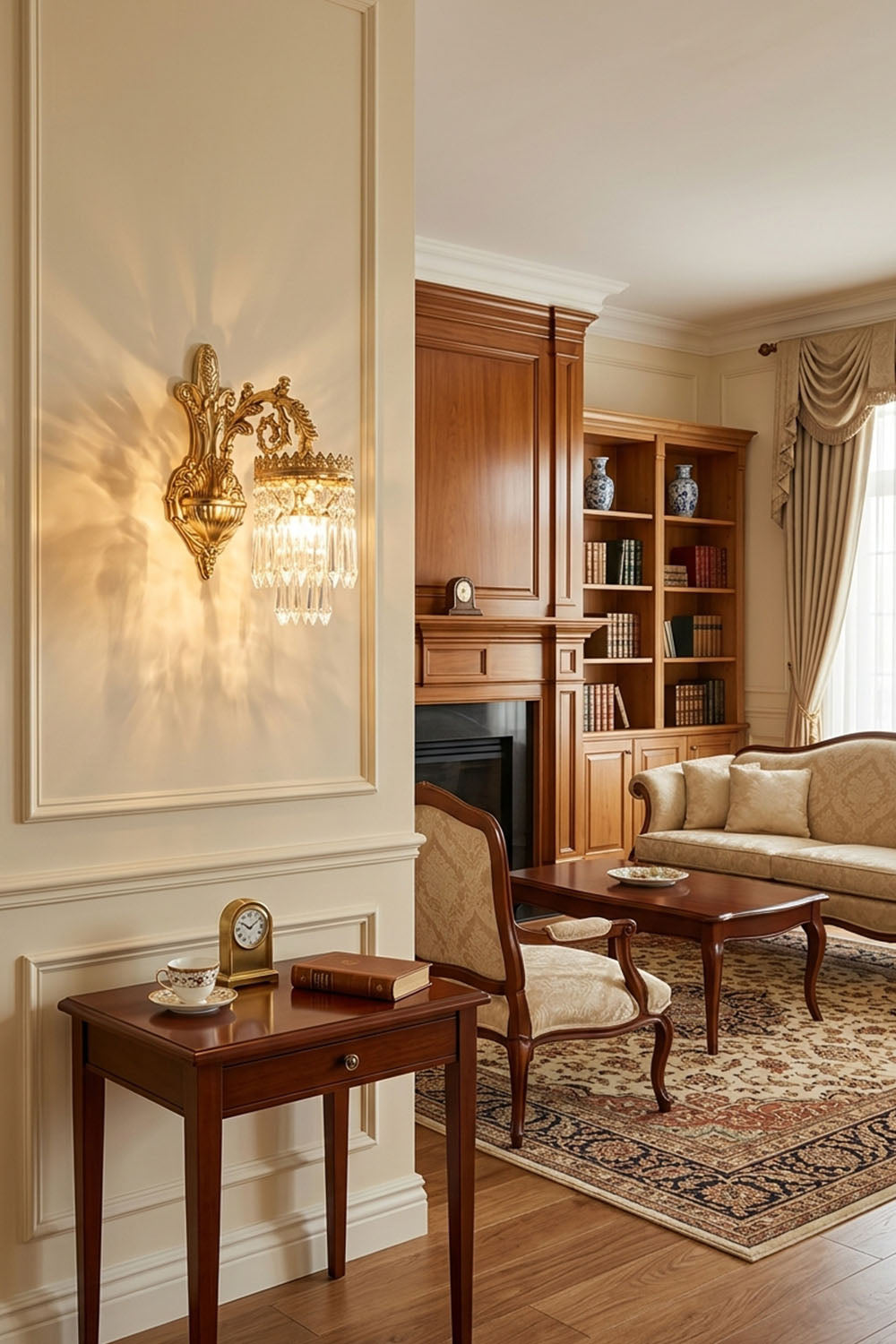 Josseline Brass Crystal Crown Wall Lamp | Cut Crystal and Brass | Installed on a paneled wall above a small wooden console table | Samu Lamp