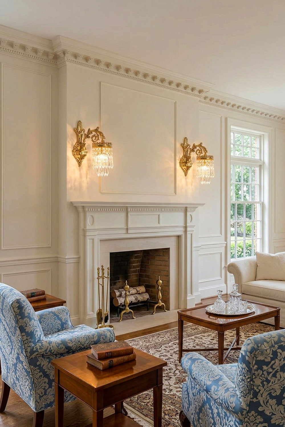 Josseline Brass Crystal Crown Wall Lamp | Cut Crystal and Brass | Mounted on a wall beside a fireplace in an elegant living room | Samu Lamp