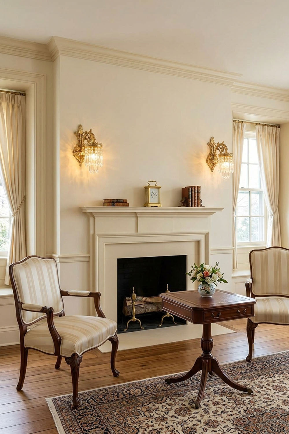 Josseline Brass Crystal Crown Wall Lamp | Cut Crystal and Brass | Displayed in a traditional living room with fireplace and armchairs | Samu Lamp