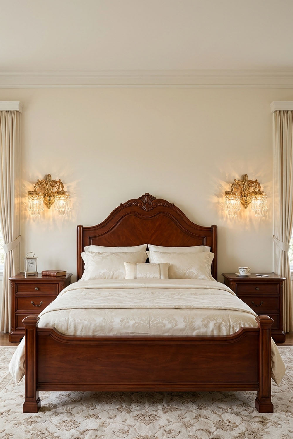 Josseline Brass Crystal Crown Wall Lamp | Cut Crystal and Brass | Pair of sconces mounted beside a dark wooden bed in a classic bedroom | Samu Lamp