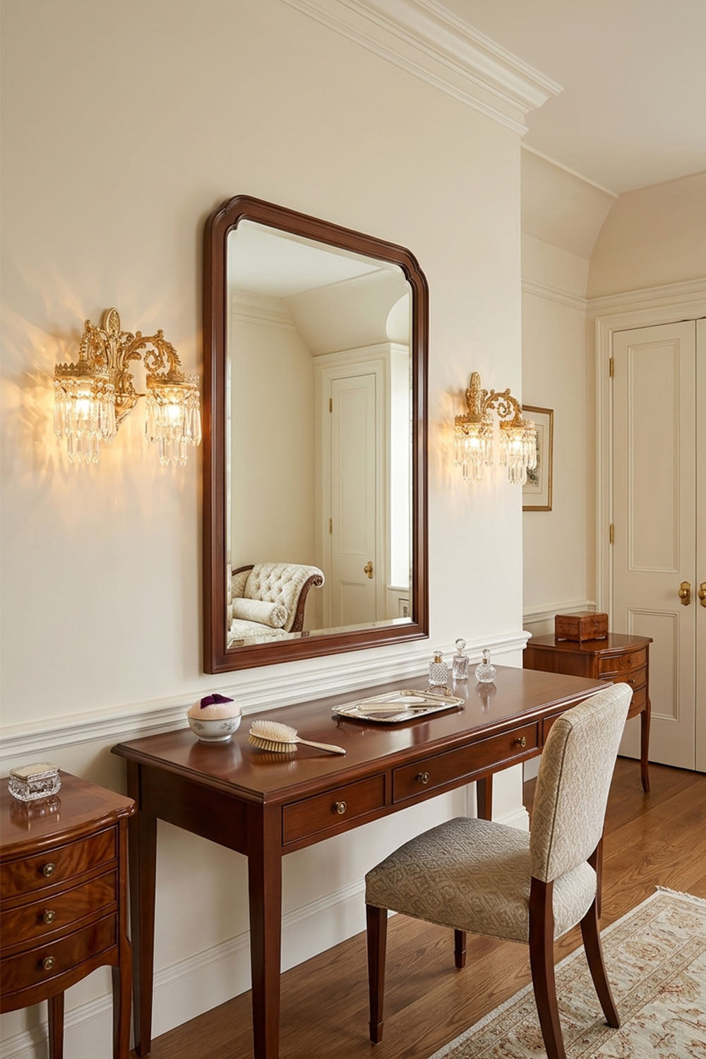 Josseline Brass Crystal Crown Wall Lamp | Cut Crystal and Brass | Displayed on a wall beside a dark wood dressing table and mirror | Samu Lamp