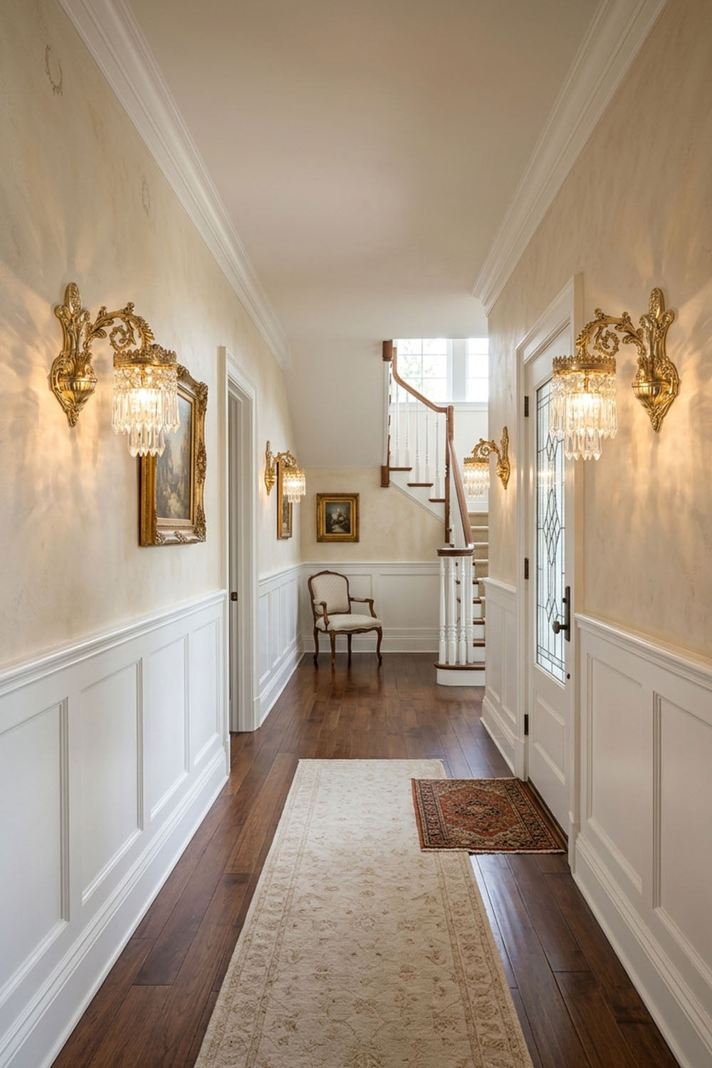 Josseline Brass Crystal Crown Wall Lamp | Cut Crystal and Brass | Multiple sconces installed along a white paneled hallway corridor | Samu Lamp