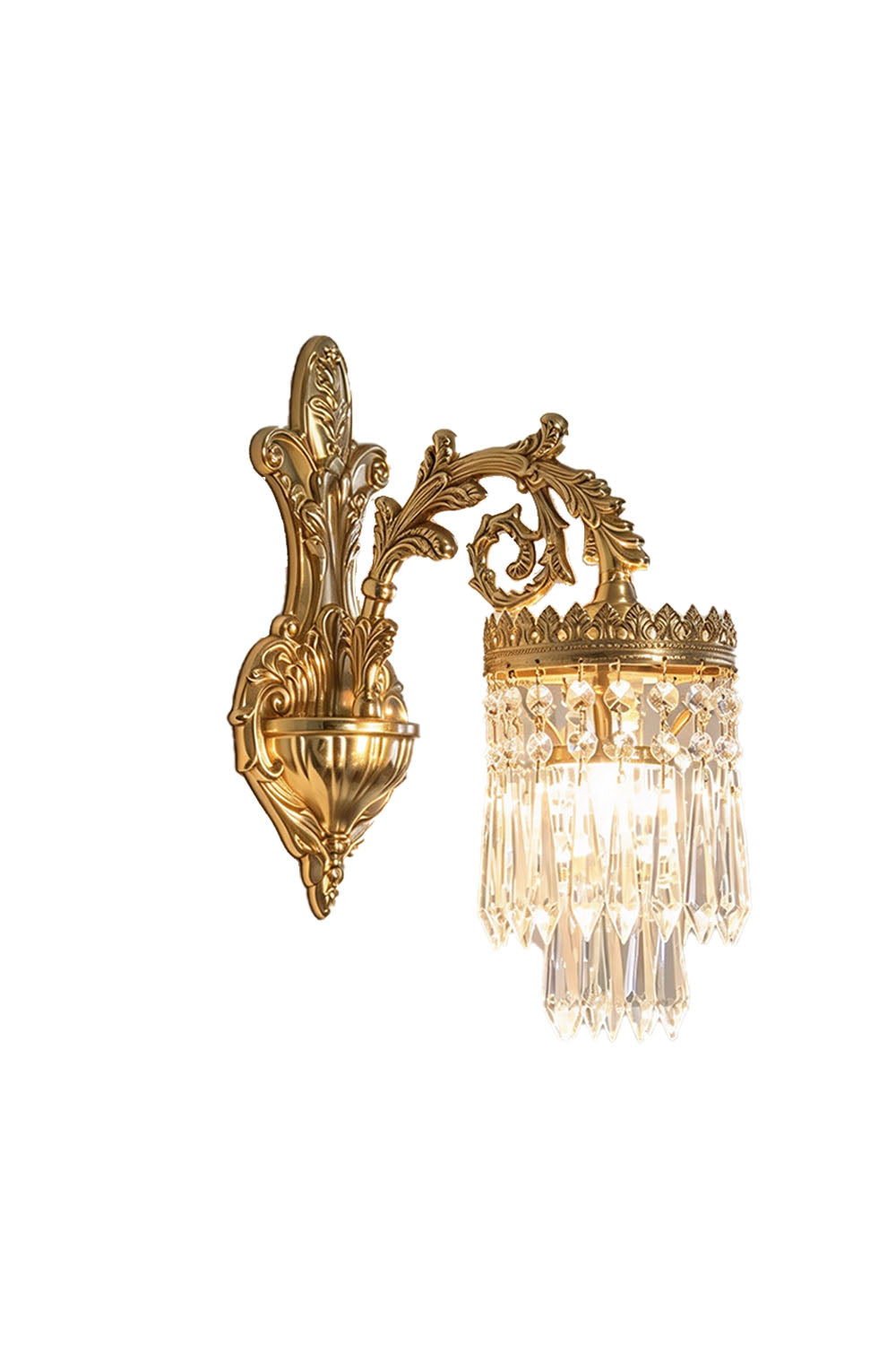 Josseline Brass Crystal Crown Wall Lamp | Cut Crystal and Brass | Front side view of single-arm sconce on a pure white background | Samu Lamp