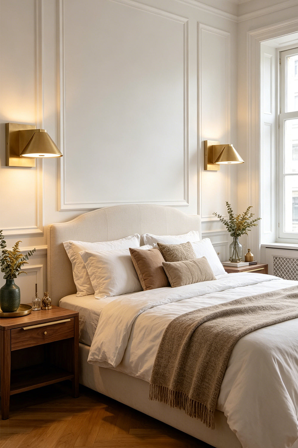 Kaelen Brass Cone Wall Sconce | Bedside Wall Lamp | Installed on a white paneled wall to provide a cozy ambient glow next to a classic platform bed with neutral bedding | Samu Lamp