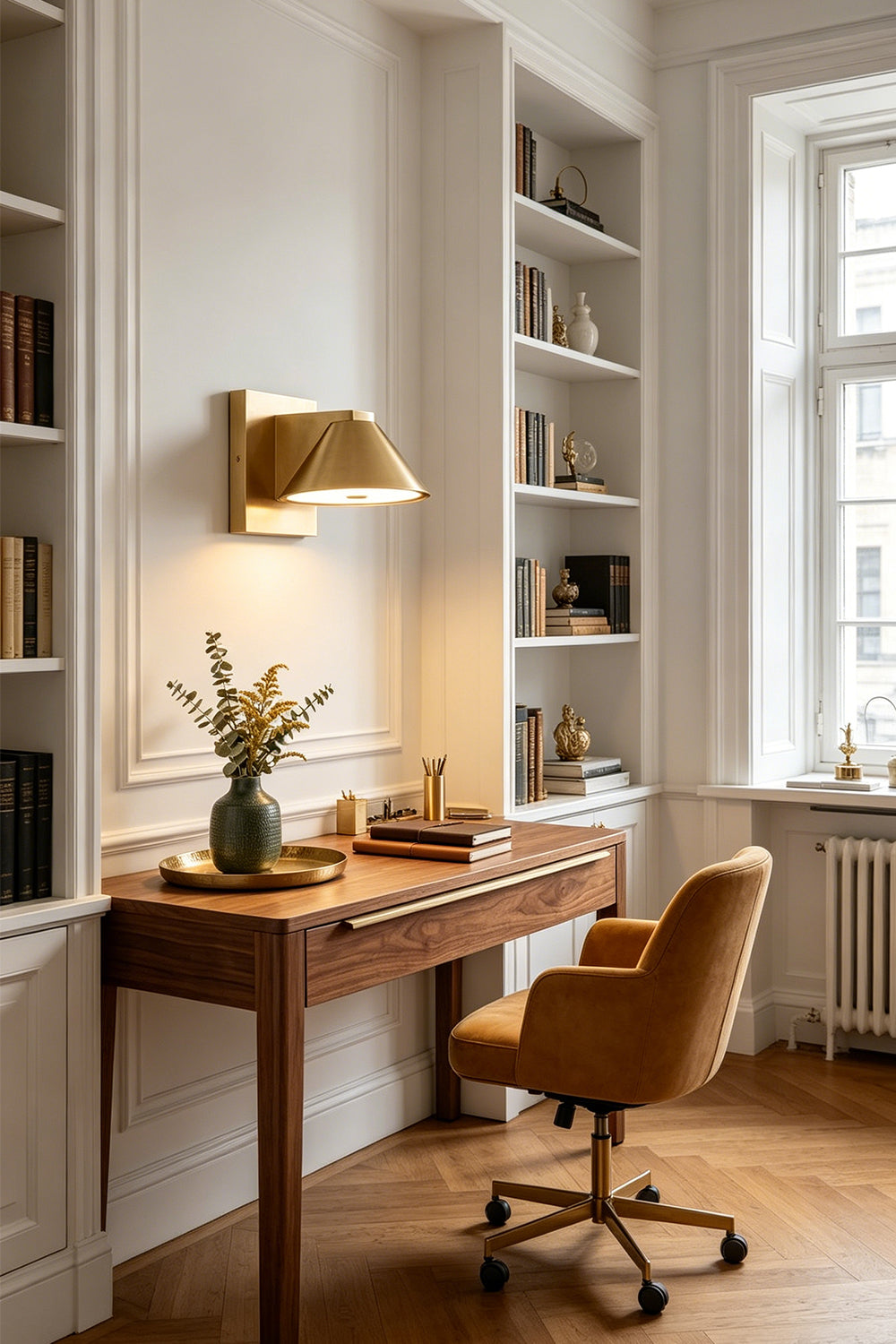 Kaelen Brass Cone Wall Sconce | Task Reading Light | Mounted as an elegant task lamp casting a warm downward glow over a wooden writing desk and camel office chair in a bright study | Samu Lamp