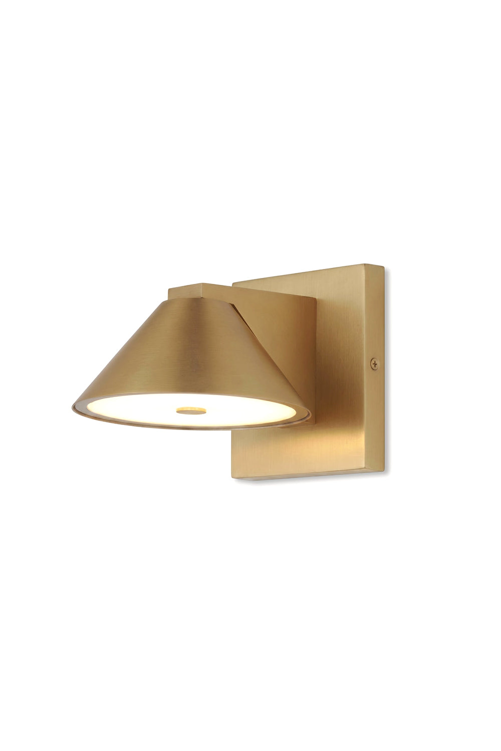 Kaelen Brass Cone Wall Sconce | Brass, Metal | Isolated lit product view of a modern minimalist wall sconce featuring a downward-facing conical brass shade on a square metallic backplate | White background | Samu Lamp