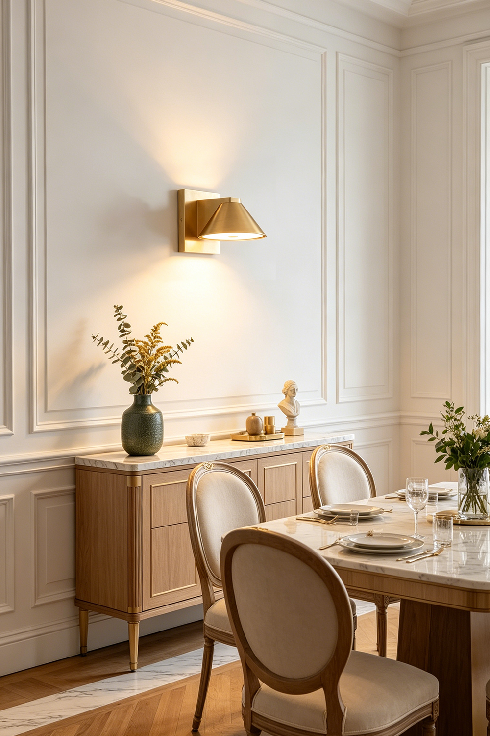 Kaelen Brass Cone Wall Sconce | Sideboard Accent Light | Radiating soft ambient illumination above a traditional wooden credenza cabinet in a refined classical dining space | Samu Lamp