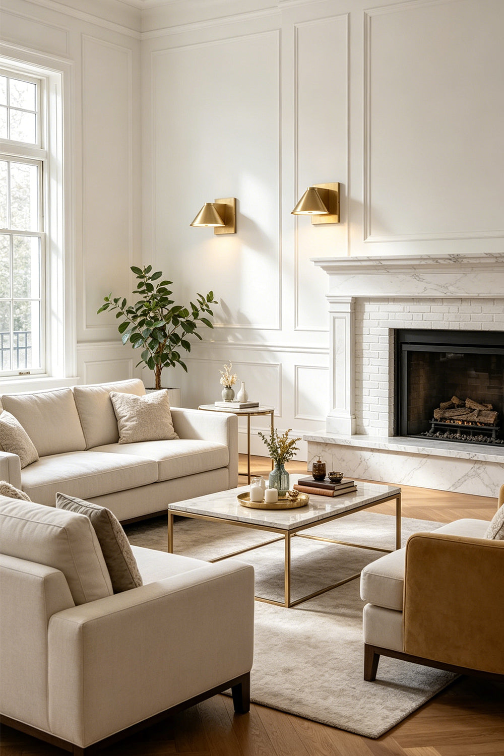 Kaelen Brass Cone Wall Sconce | Living Room Ambient Light | Staged in a bright luxury classical living room, casting a warm halo near a traditional fireplace and cream sofas | Samu Lamp