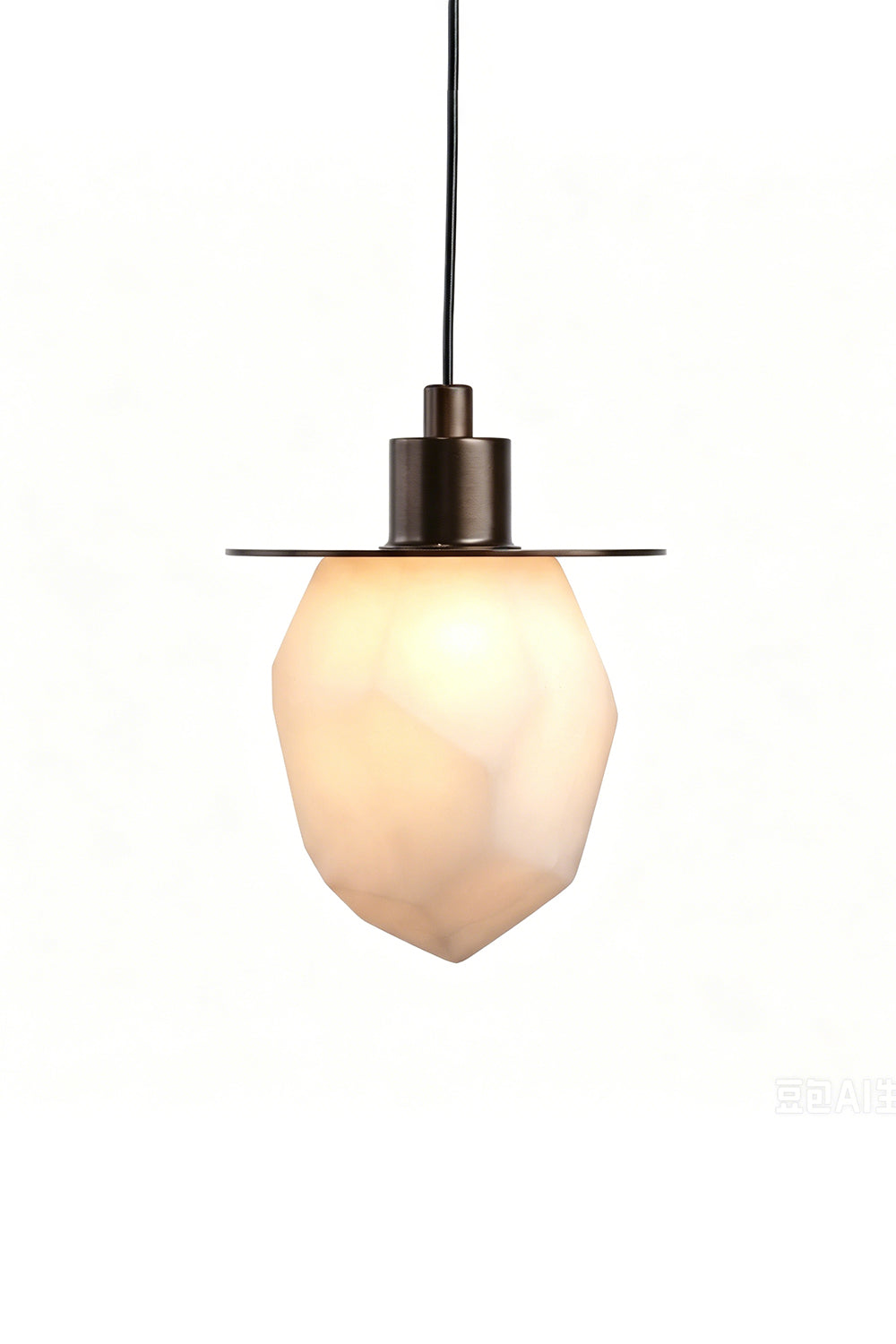 Kaelen Faceted Alabaster Pendant Light | Alabaster, Metal | Fully lit modern minimalist pendant light featuring a faceted geometric white alabaster stone shade with a flat dark bronze metal disc accent | Isolated shot on white background | Samu Lamp