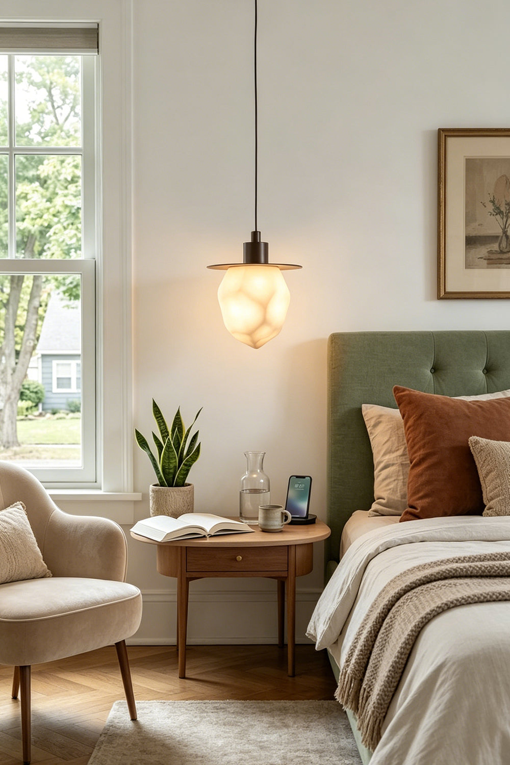 Kaelen Faceted Alabaster Pendant Light | Alabaster, Metal | Mounted as a cozy bedtime hanging light over a wooden side table next to a bed with a forest green headboard | Samu Lamp