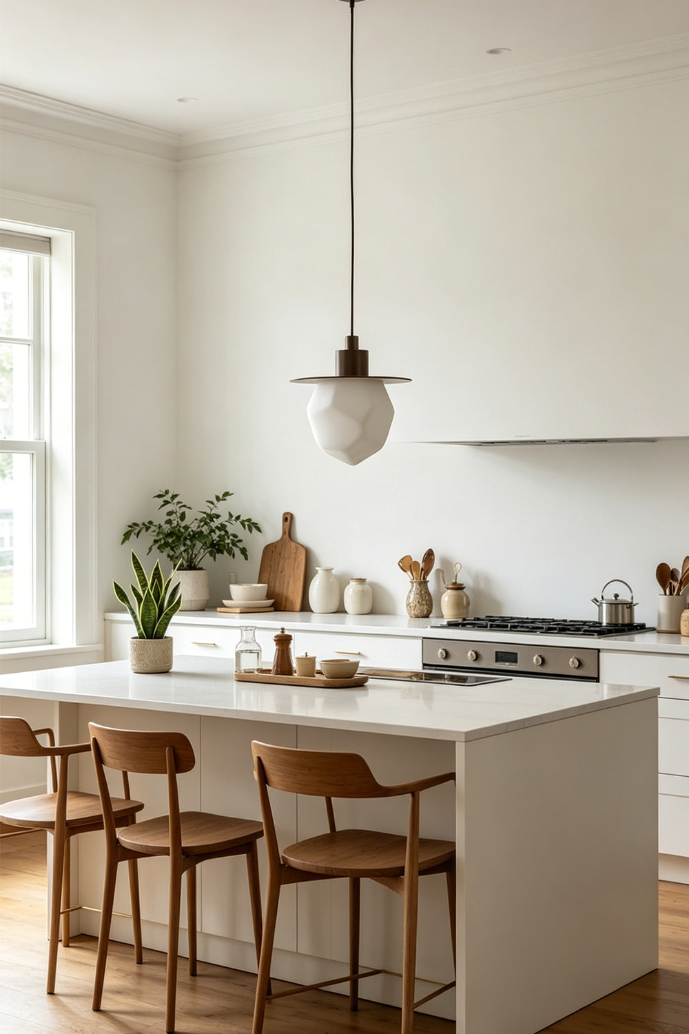 Kaelen Faceted Alabaster Pendant Light | Alabaster, Metal | Installed as elegant overhead task lighting above a pristine white kitchen island counter with wooden bar stools | Samu Lamp
