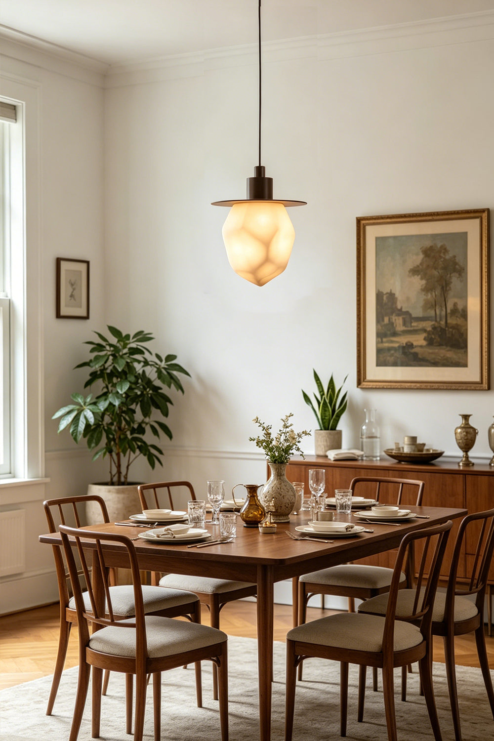 Kaelen Faceted Alabaster Pendant Light | Alabaster, Metal | Suspended over a mid-century modern wooden dining table and chairs, casting a soft ambient glow in a bright dining room | Samu Lamp