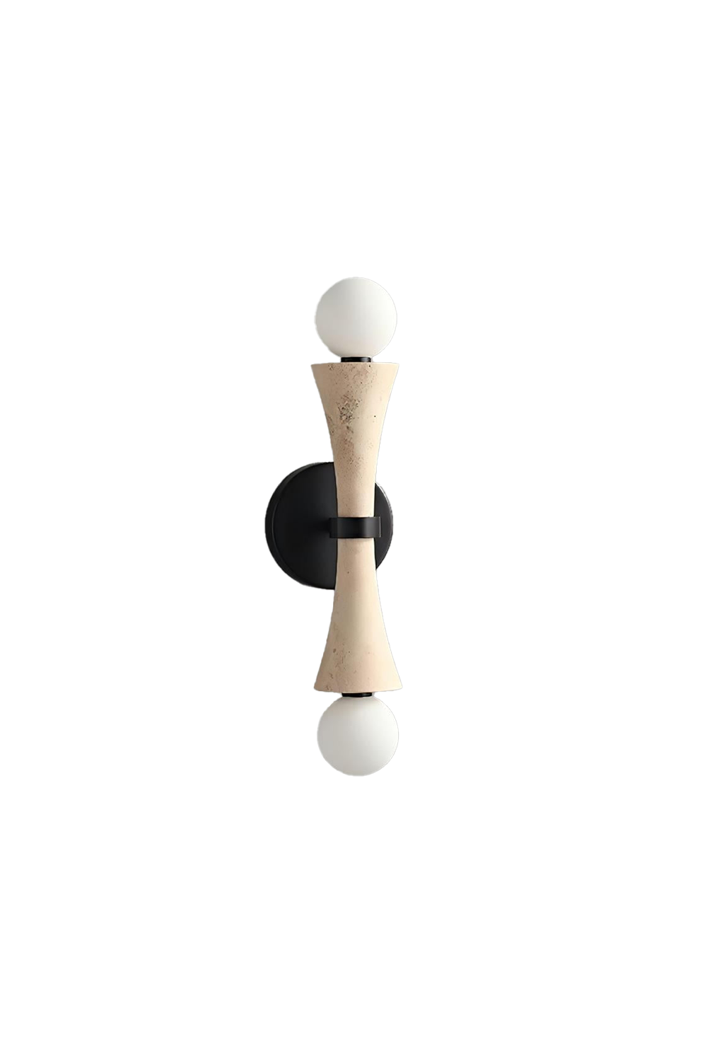 Katia Travertine Hourglass Wall Lamp | Travertine, Metal | Isolated unlit view of a modern architectural wall sconce featuring an hourglass-shaped natural beige travertine stone body and dual round glass globe bulbs on a black bracket | White background | Samu Lamp