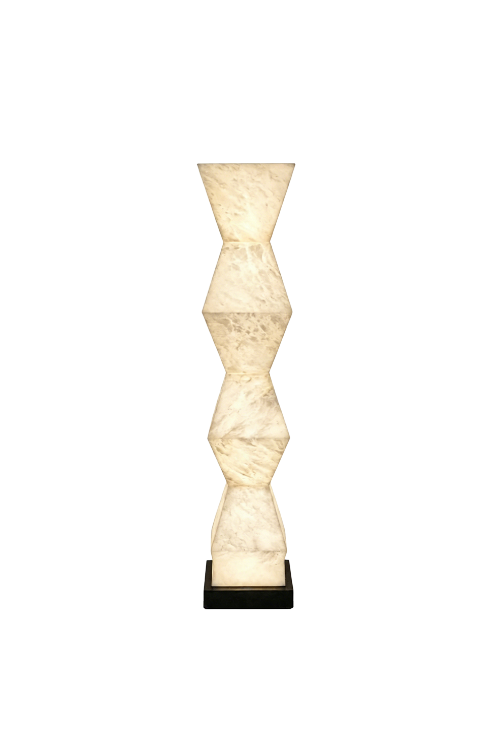 Kellan Geometric Alabaster Floor Lamp | Alabaster, Metal | Modern stacked geometric totem floor lamp crafted from translucent natural alabaster stone panels emitting a warm inner glow on a black base | Isolated product shot on white background | Samu Lamp