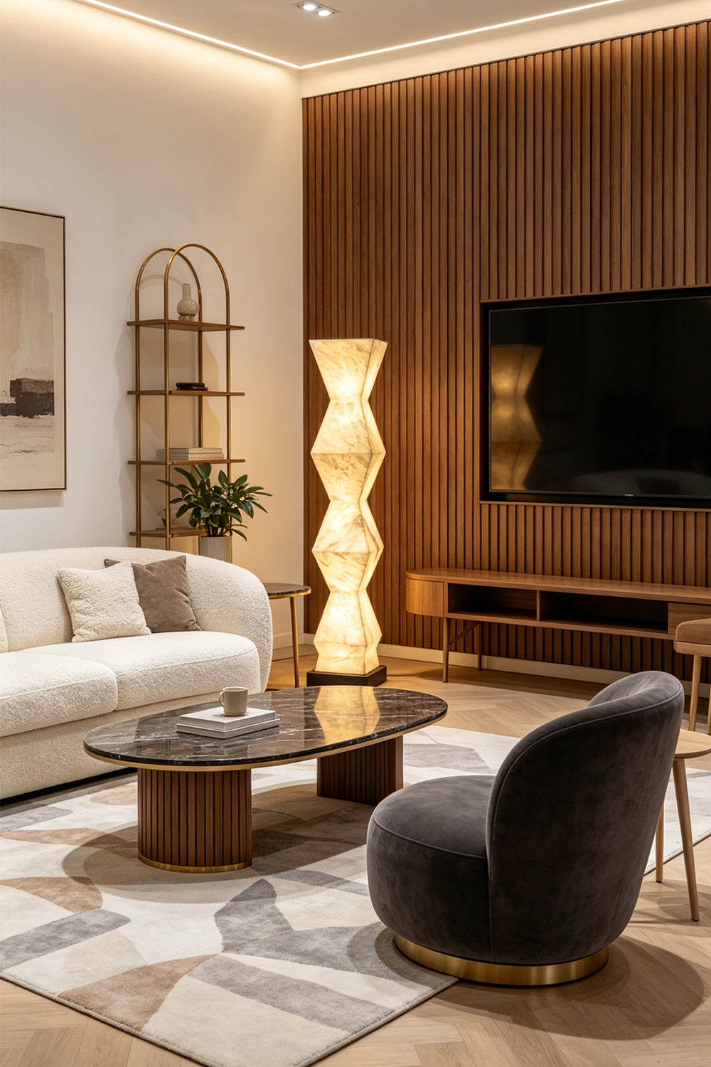 Kellan Geometric Alabaster Floor Lamp | Alabaster, Metal | Providing a cozy ambient glow in a contemporary chic living room next to a slatted wood TV accent wall and cream sofa | Samu Lamp