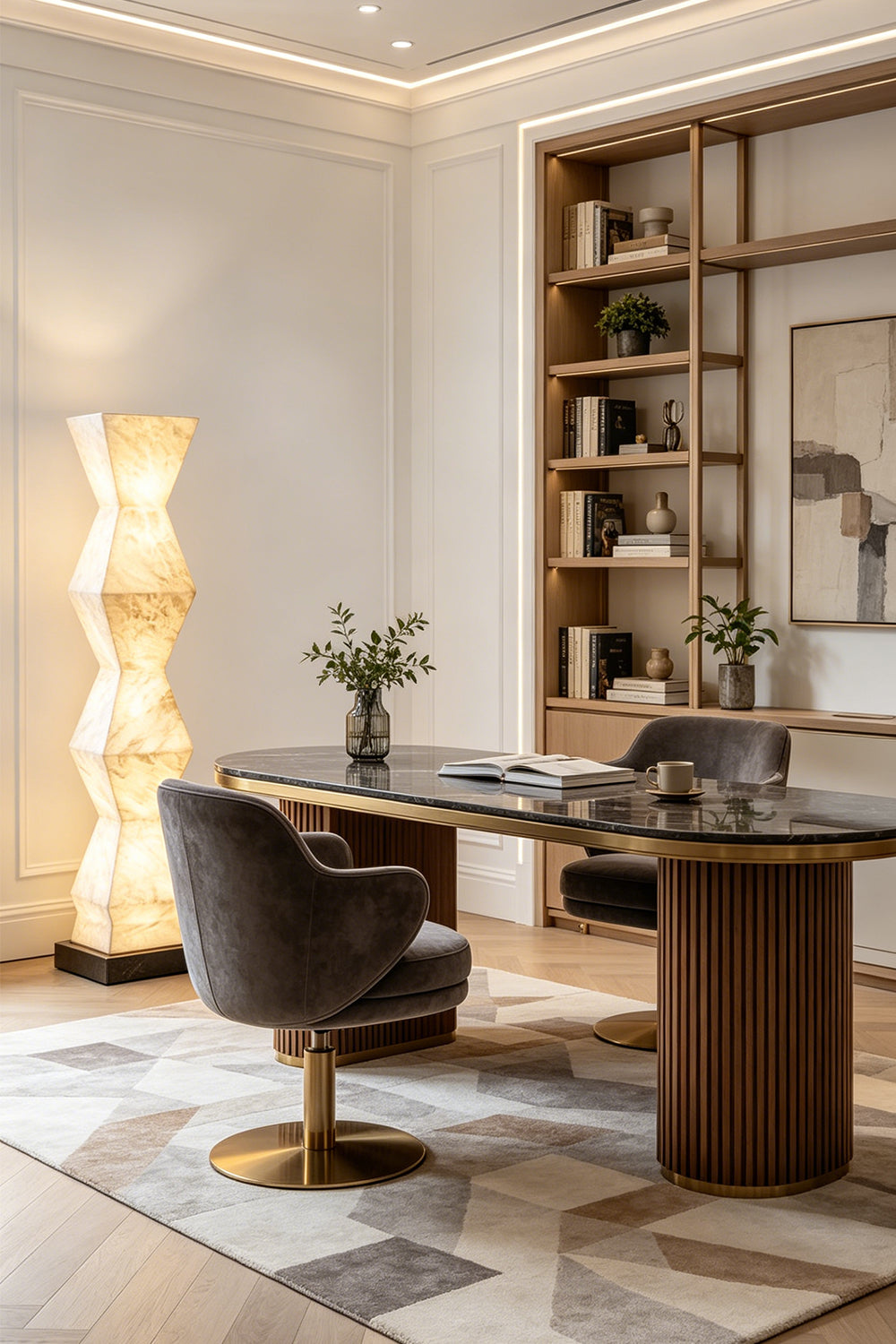 Kellan Geometric Alabaster Floor Lamp | Alabaster, Metal | Positioned as an artistic statement light in a contemporary home office next to a fluted wooden desk and bookshelves | Samu Lamp