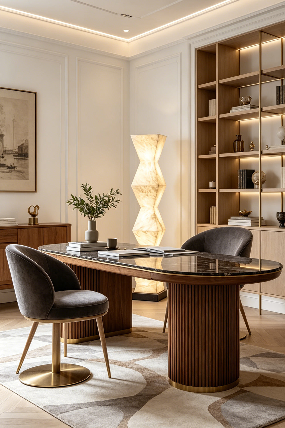 Kellan Geometric Alabaster Floor Lamp | Alabaster, Metal | Placed next to an elegant executive writing desk in a minimalist home workspace, radiating warm architectural light | Samu Lamp
