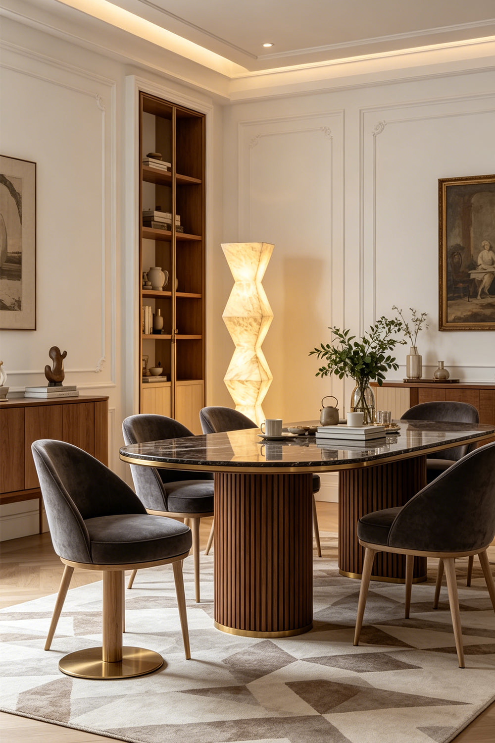 Kellan Geometric Alabaster Floor Lamp | Alabaster, Metal | Casting a warm golden illumination in a sophisticated dining room next to a large oval wood dining table and plush chairs | Samu Lamp