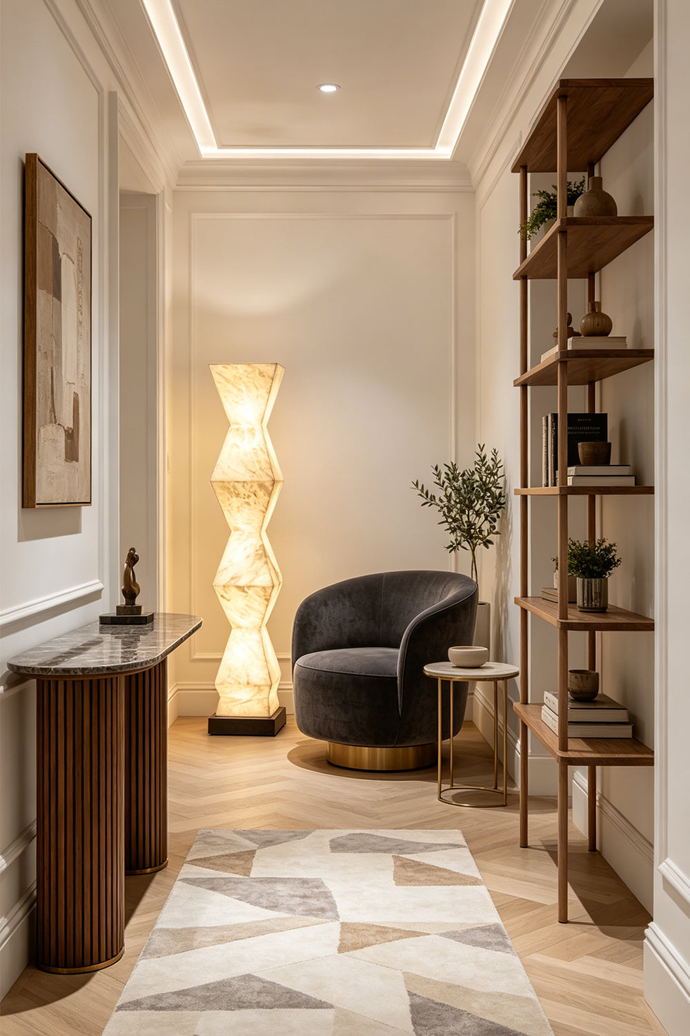 Kellan Geometric Alabaster Floor Lamp | Alabaster, Metal | Illuminating a sleek modern hallway corridor, casting a welcoming translucent stone glow next to a console table | Samu Lamp