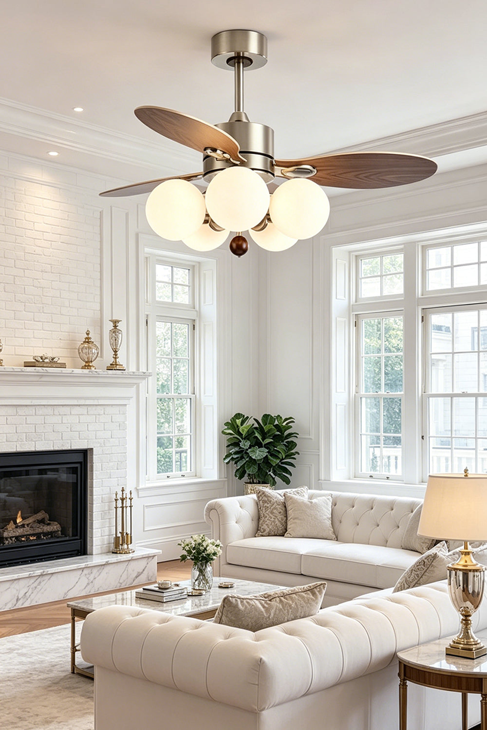 Keller Wooden Ceiling Fan Light | Wood, Glass, Metal | Providing functional breeze and warm lighting in a spacious luxury living room with a classic fireplace and cream sofas | Samu Lamp