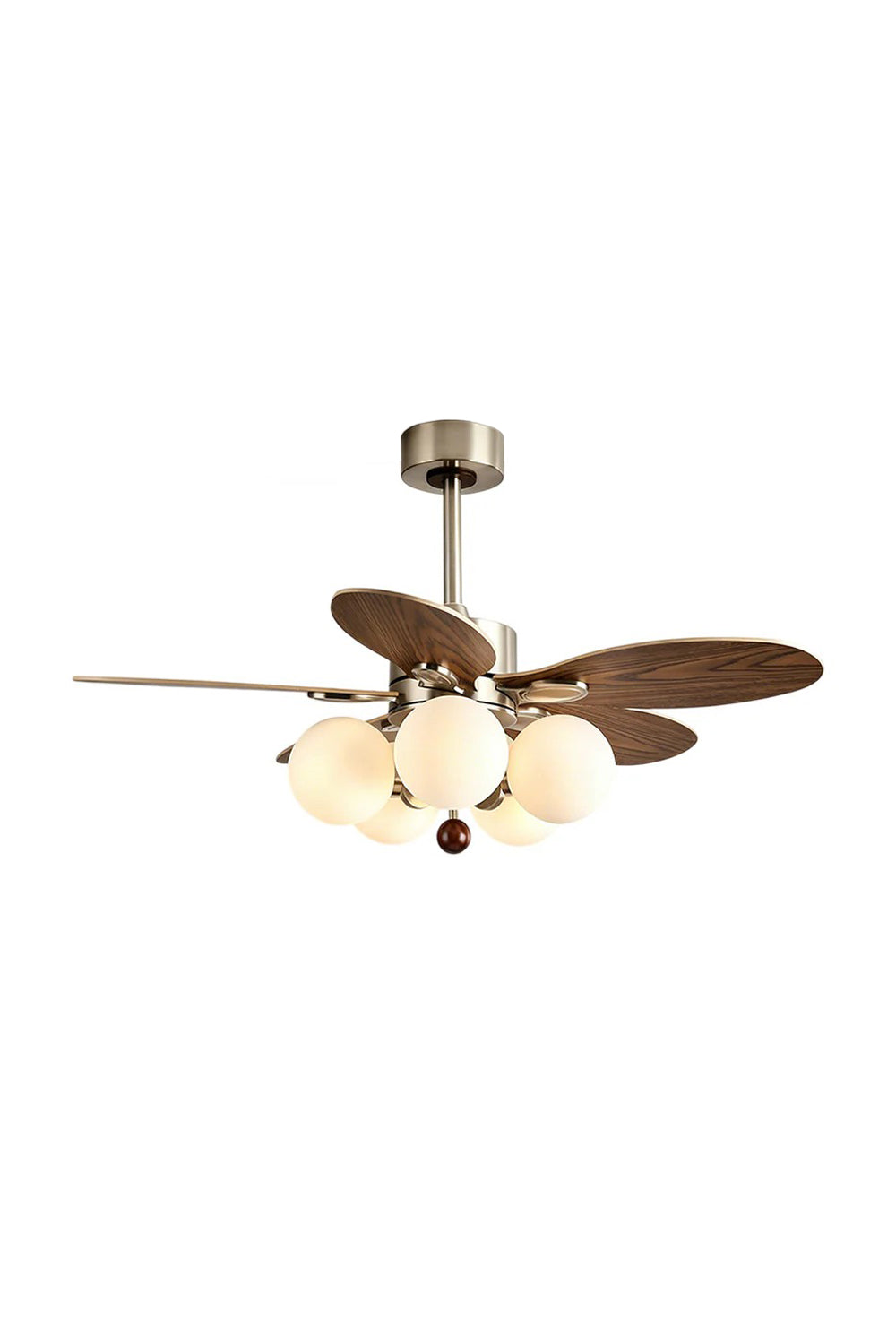 Keller Wooden Ceiling Fan Light | Wood, Glass, Metal | Isolated lit product view of a modern classical ceiling fan featuring five curved dark walnut wood blades and a cluster of five frosted white glass globe lights on a brushed nickel motor housing | White background | Samu Lamp