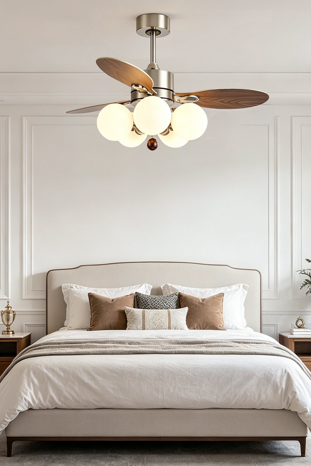 Keller Wooden Ceiling Fan Light | Wood, Glass, Metal | Installed as elegant overhead bedroom lighting casting a warm ambient glow above a large platform bed in a serene white classical room | Samu Lamp