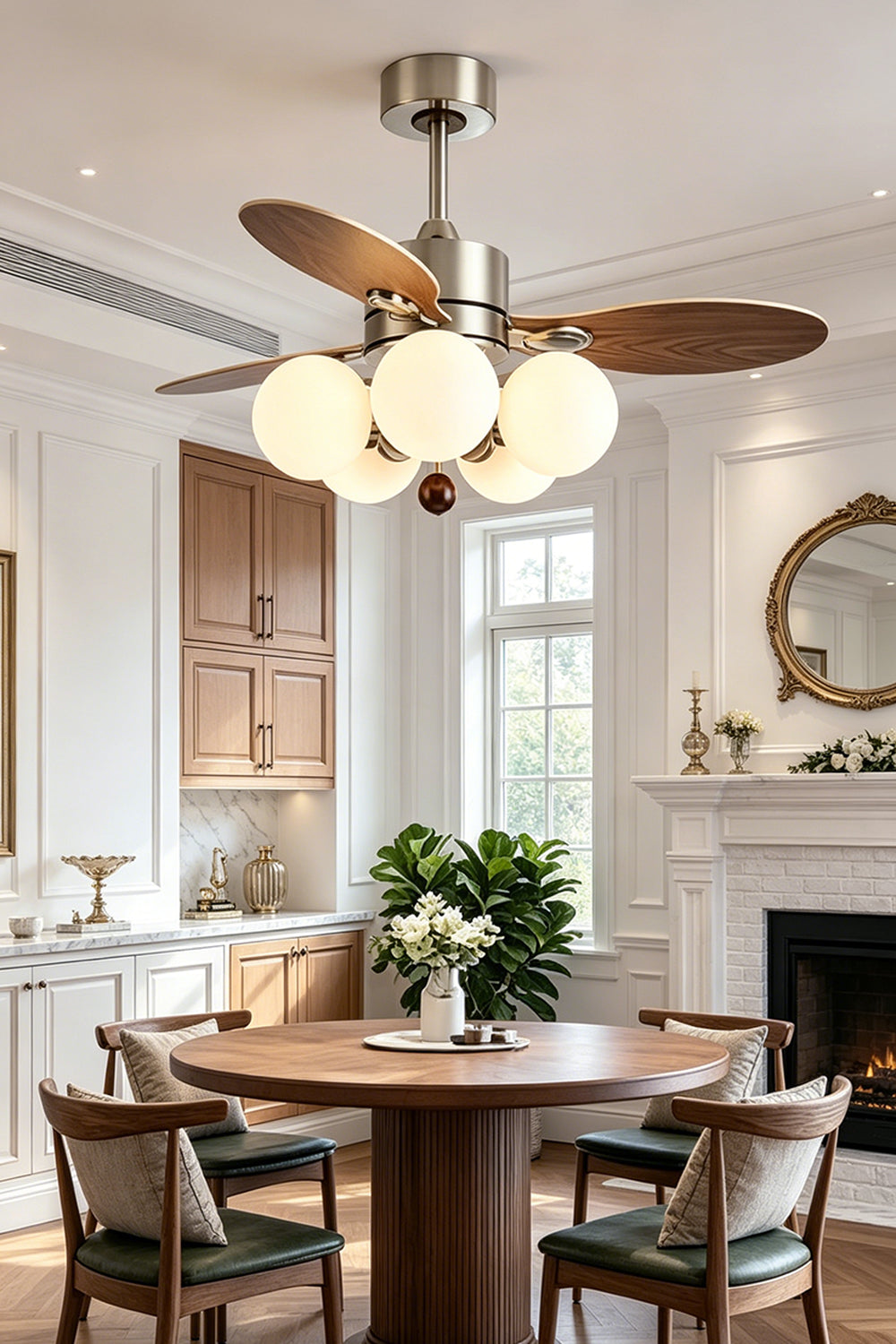 Keller Wooden Ceiling Fan Light | Wood, Glass, Metal | Positioned gracefully as a centerpiece over a round wooden dining table in a bright classical dining space | Samu Lamp